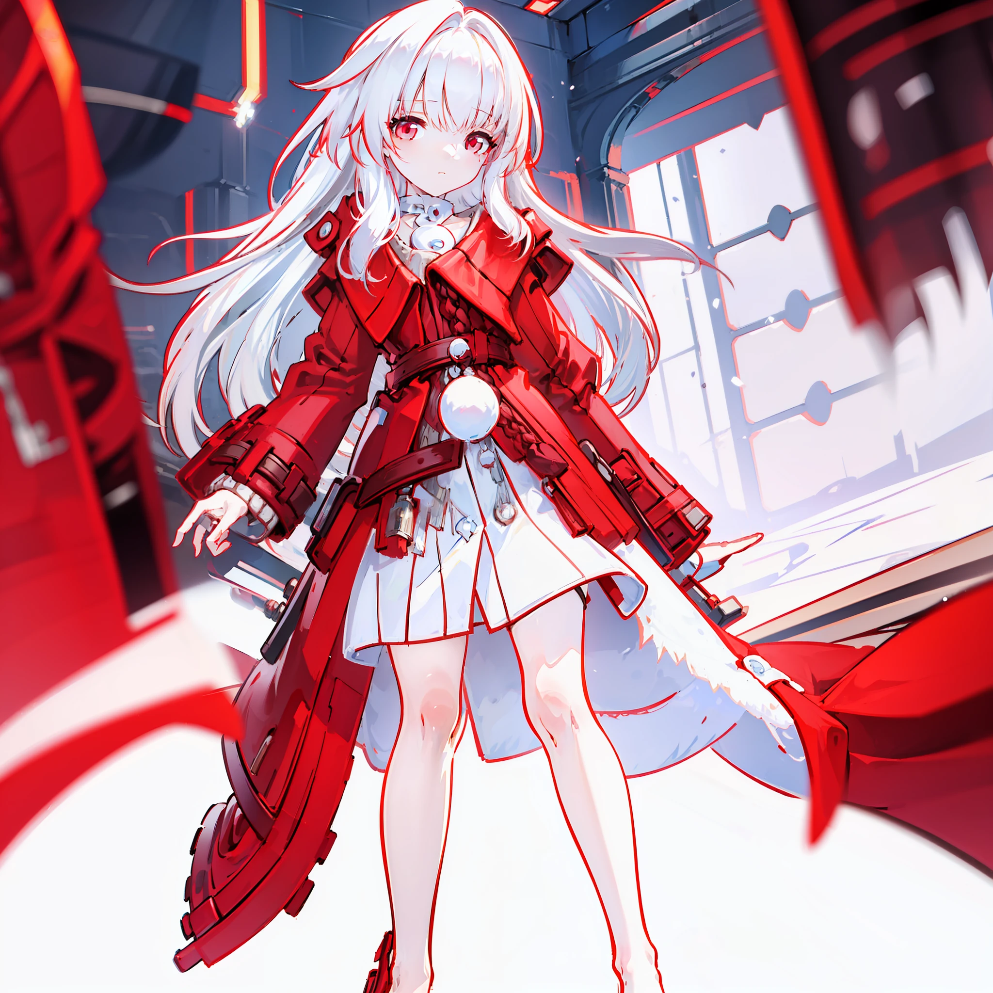 one-girl，White color hair，Red eyes，Bare legged，long whitr hair，Red coat,Red gloves