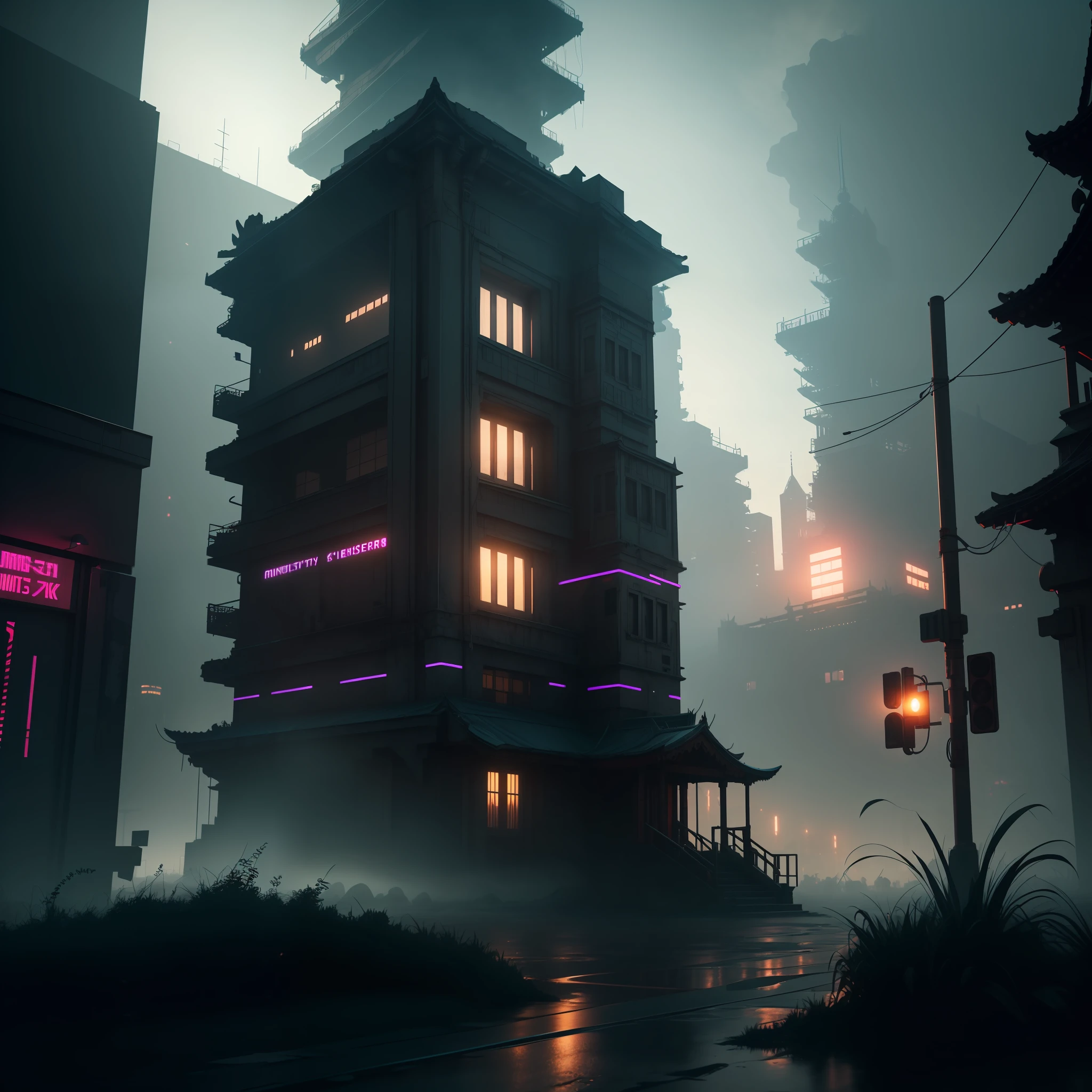 extremely detailed CG unity 8k wallpaper, masterpiece, best quality, long shot, cyberpunk, temple, ghostly setting, mist, volumetric light, neon lights, animatronic figures, ruined structures, grunge textures.