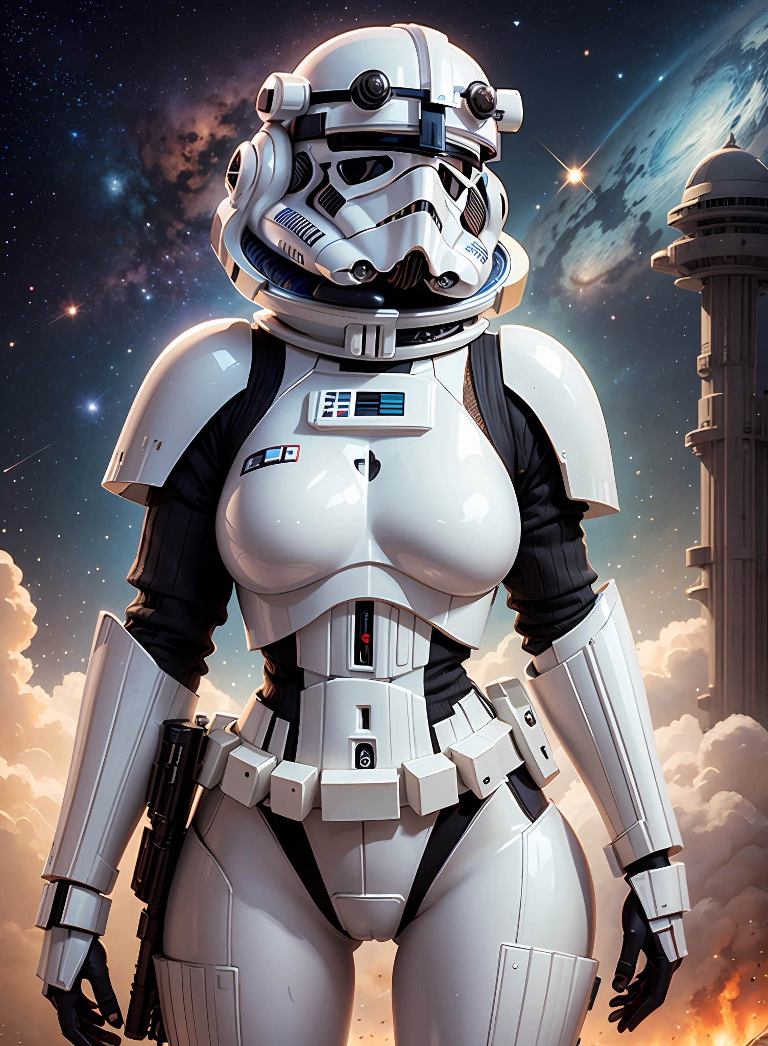 mulher de peito grande stormtrooper com arma, in the space