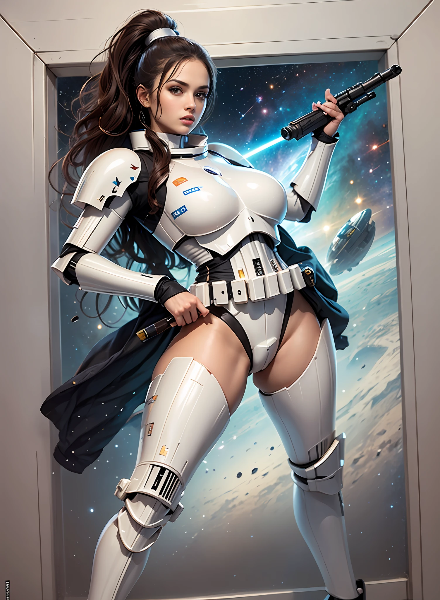 mulher de peito grande stormtrooper com arma, in the space