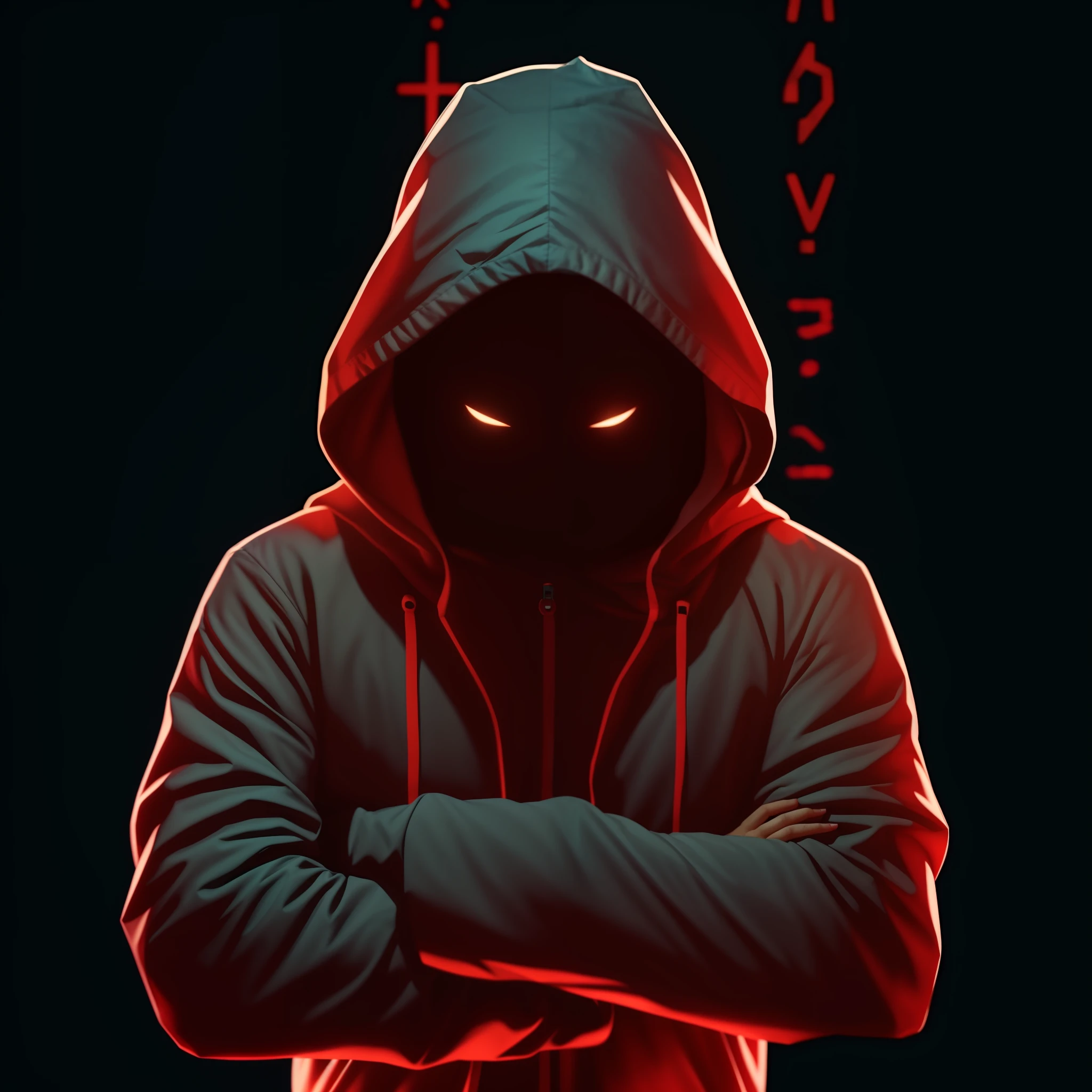 a hooded person with his arms crossed, figura encapuzada, pessoas sem rosto escuras, omen from valorant, com olhos vermelhos brilhantes, sem rosto, foto de perfil 1024px, figuras encapuzado, super detalhados, hiper realista