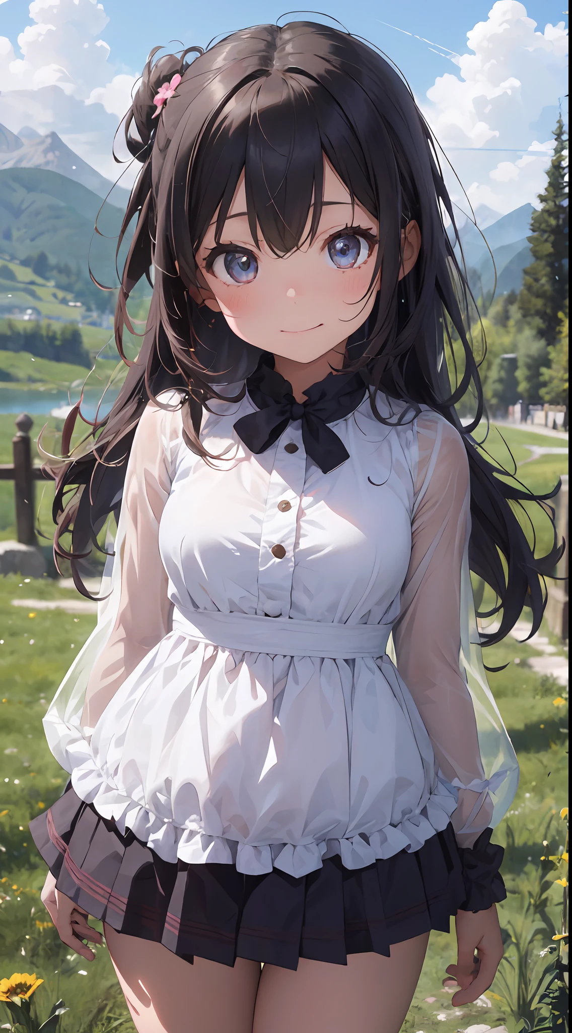 ((6year old girl:1.5)), Girl in 1, boobs loli, Petite girl, Complete anatomy, Whole body, child's body, child, Super Cute, garl, Little girl, Beautiful Girl, beautiful shining body, Bangs,Brown hair,high eyes,(aquamarine eyess), drooping eyes, Petite,tall eyes, beautiful girl with fine details, beautiful and delicate eyes, Detailed face, Beautiful eyes, beautiful shining body, a smile, Happiness, 

Whole body angle, alps, Shepherd's daughter, Mountain Girl, plein air, alpine meadow,

Natural light,((Realism: 1.2)), dynamic far view shot,Cinematic lighting, Perfect composition, by sumic.busty petite, ultra hyper-detailed, Official art, Maste Piece, (Best Quality:1.3), glint, the Extremely Detailed CG Unity 8K Wallpapers, Detailed background, Maste Piece, Best Quality, (Maste Piece), (Best Quality:1.4), (ultra-high-resolution:1.2), (hiper realistic:1.4), (Photorealistic:1.2), Best Quality, High quality, Hi-Def, Detail enhancement,