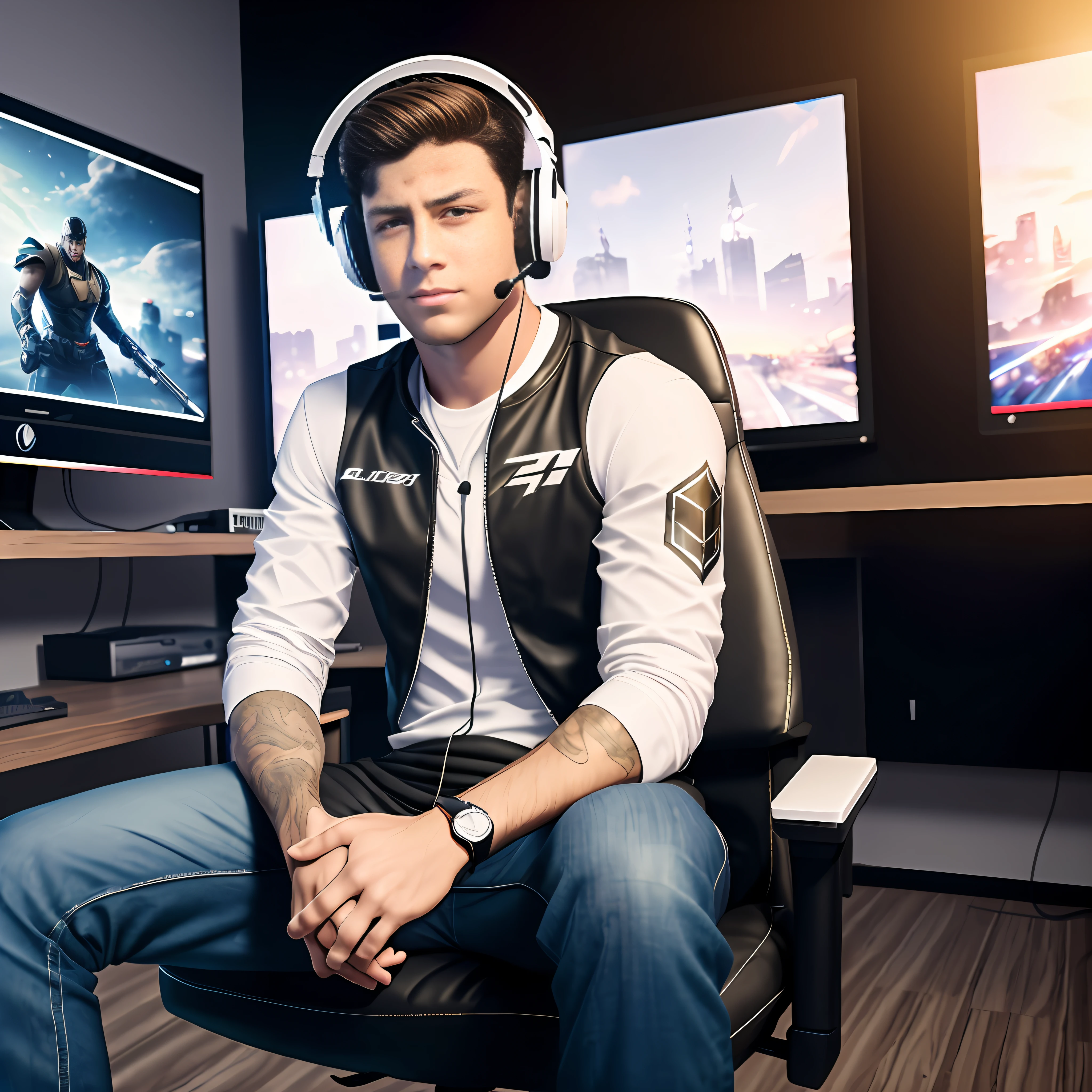 White man character sitting in a gamer chair in the game room with gamer headset Perfect straight hair Image editing in Photoshop in professional cinematic image for sale, .cgi, ultra realistic, mega realista, hyper realistic --auto