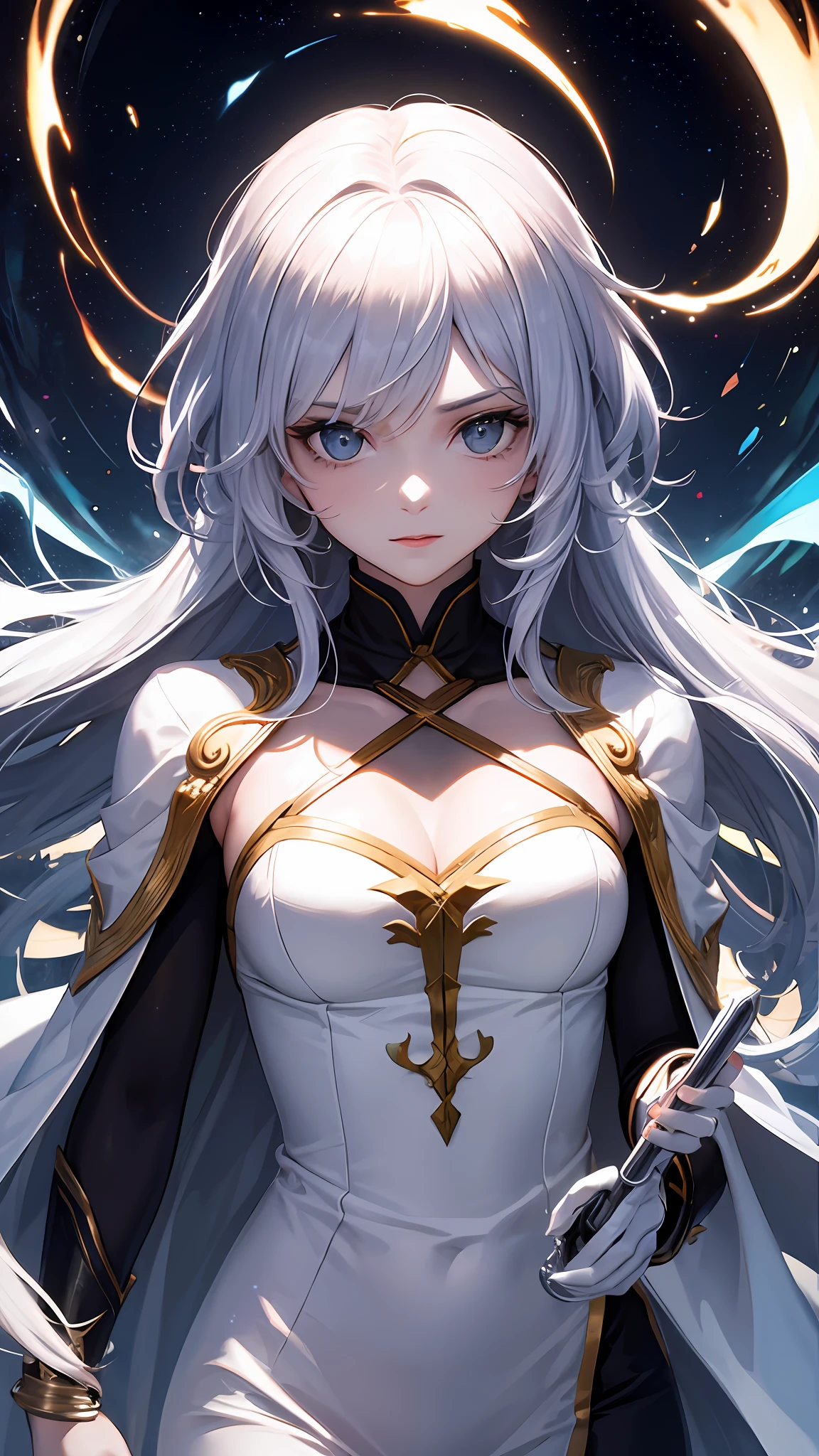 (tmasterpiece,top-quality,best qualityer,offcial art,Beauty and aesthetics:1.2),(Kizi:1.3),extremy detailed,rich colourful,highest details,s the perfect face,The upper part of the body,HDR,(long white hair:1.5)(white cloak golden lines:1.2),galaxias,(light stre),striking visual effects,(dynamic streaks,Luminous trajectory:1.2),vivd colour,