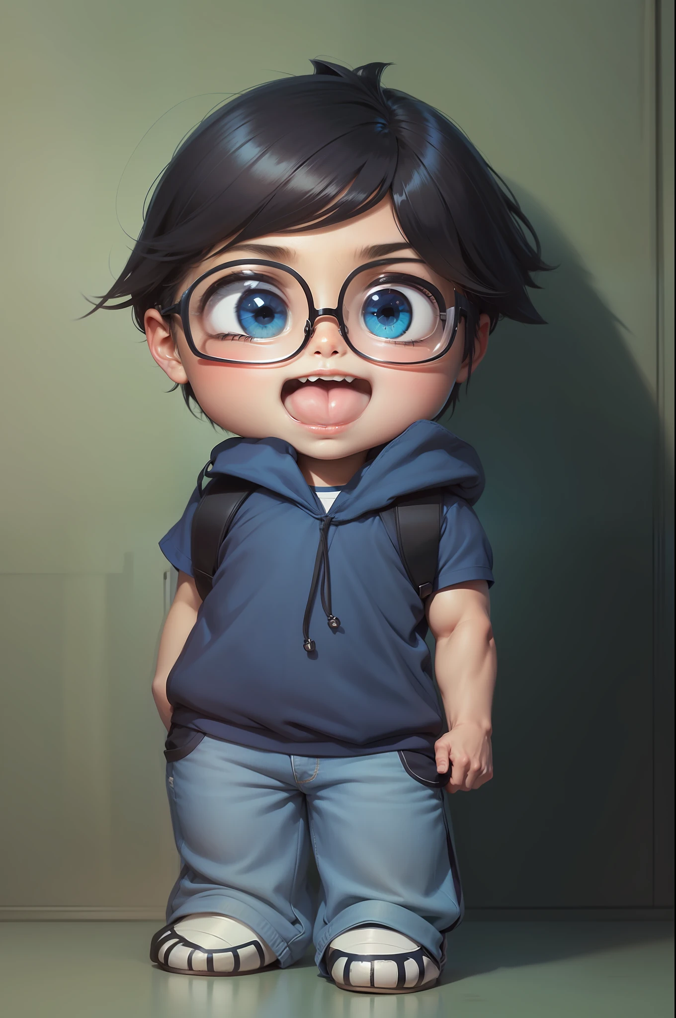 Desenho estilo anime donghua, desenho digital, cores vibrantes, melhor qualidade de imagem, alta resolução, cabelos castanho claro, cabelo liso com franja, menino feliz, wears glasses, stylish sneakers, blue shirt and jeans, anime