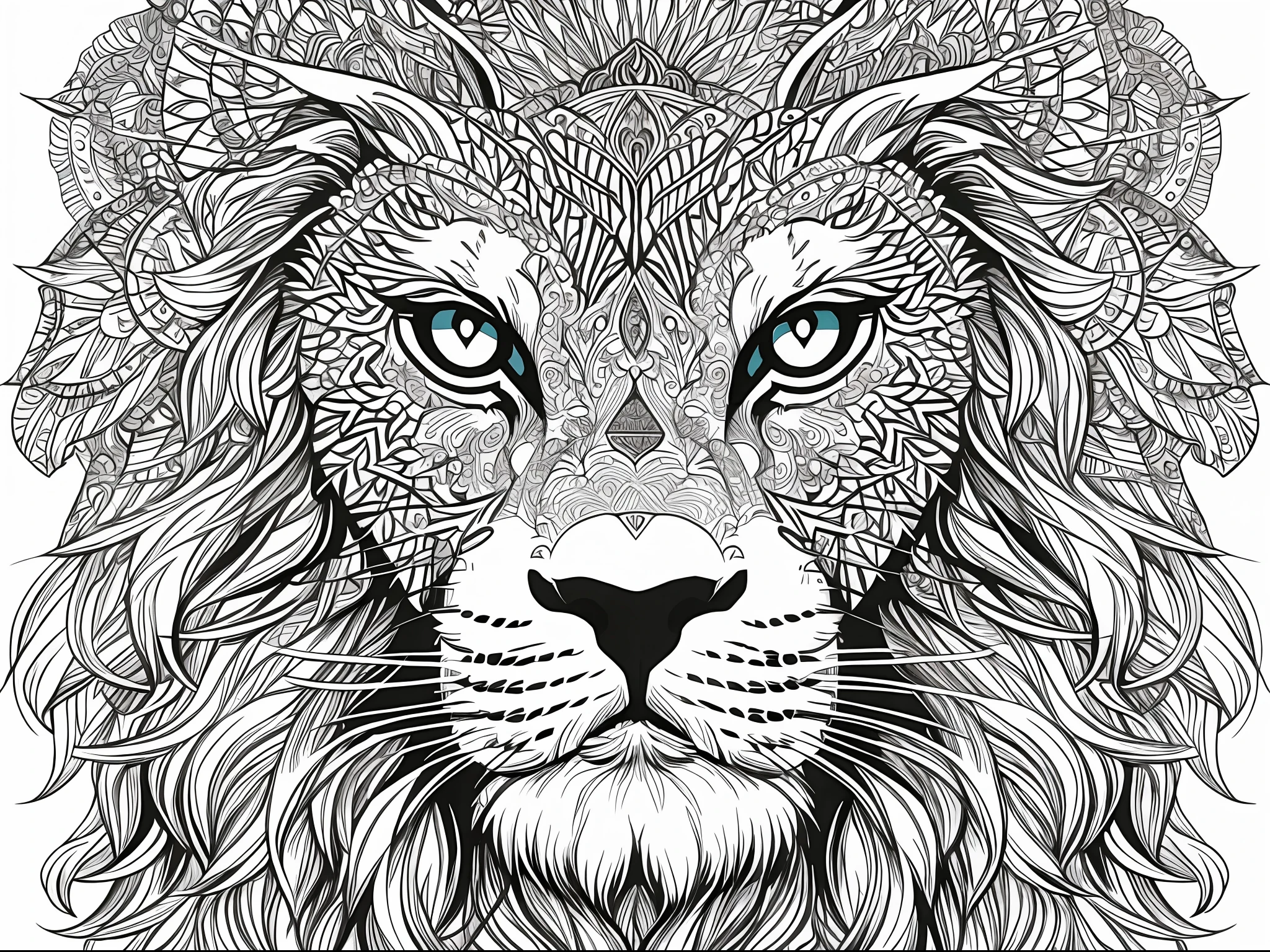 Symmetry, one lion head and only facing front, glare, black and white, white background, no background, very very fine line art stylized, vector, design for tattoo, african pattern mane, small cat ears