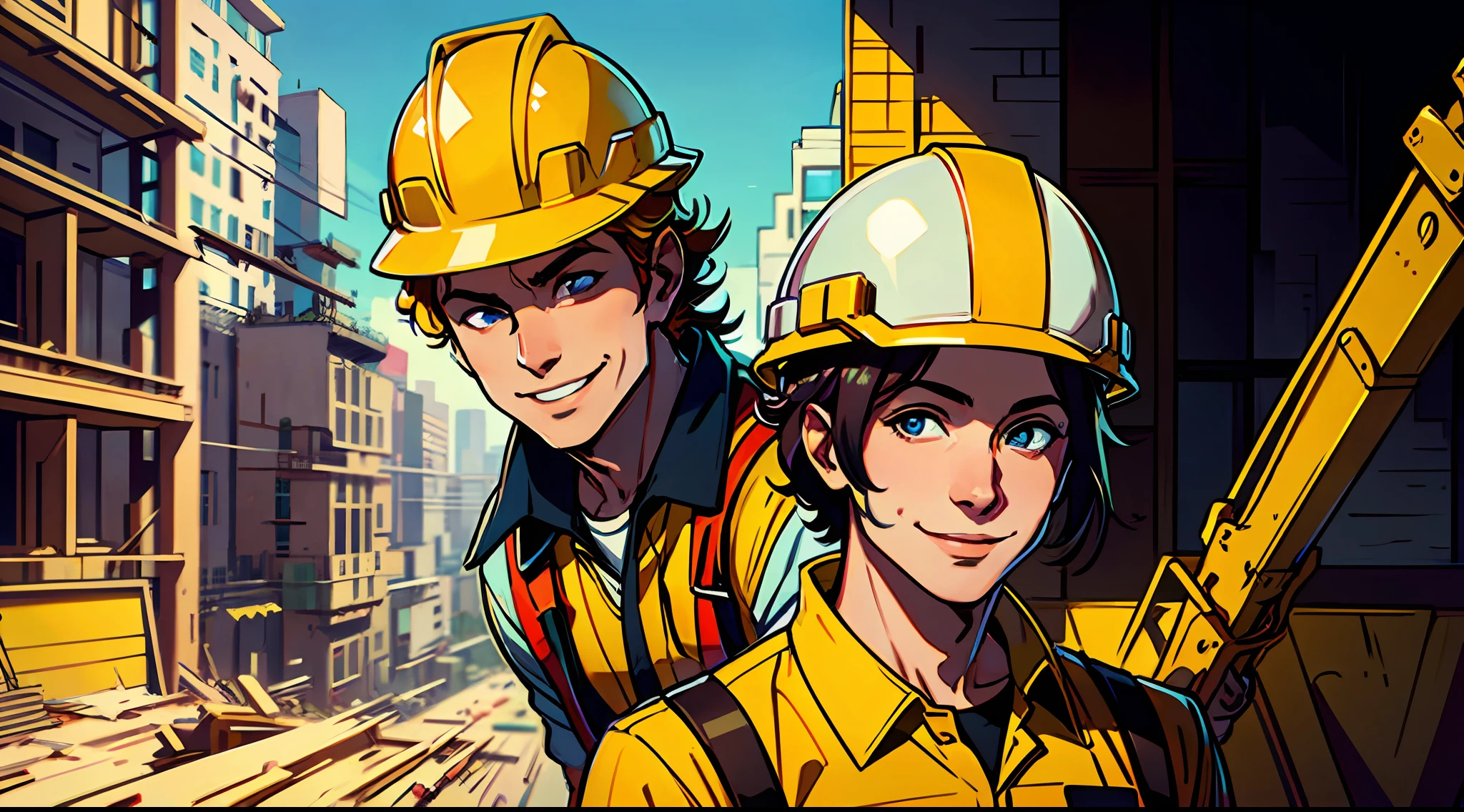 Construction worker holding a helmet and a yellow helmet smiling at construction --auto