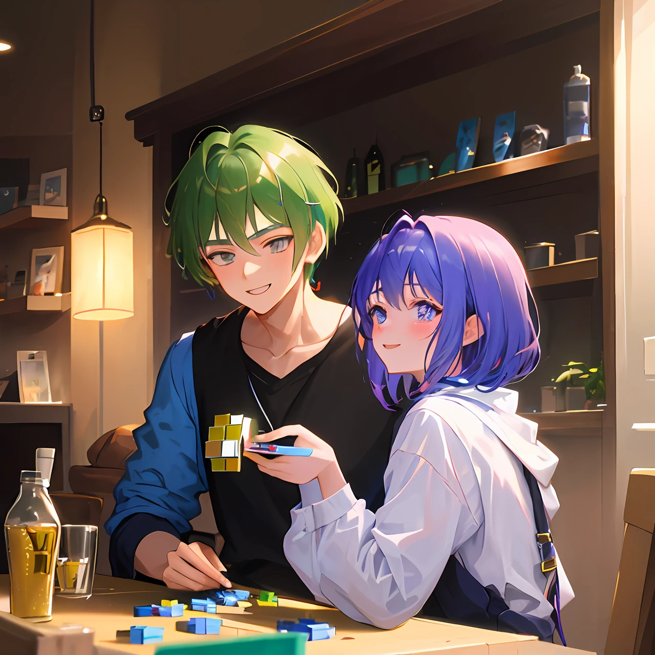 A 8k Anime young boy (20 years old) handsome Wizard, he is assembling a Rubik's Cube. Her hair is a purple Chanel cut, the boy is smiling.