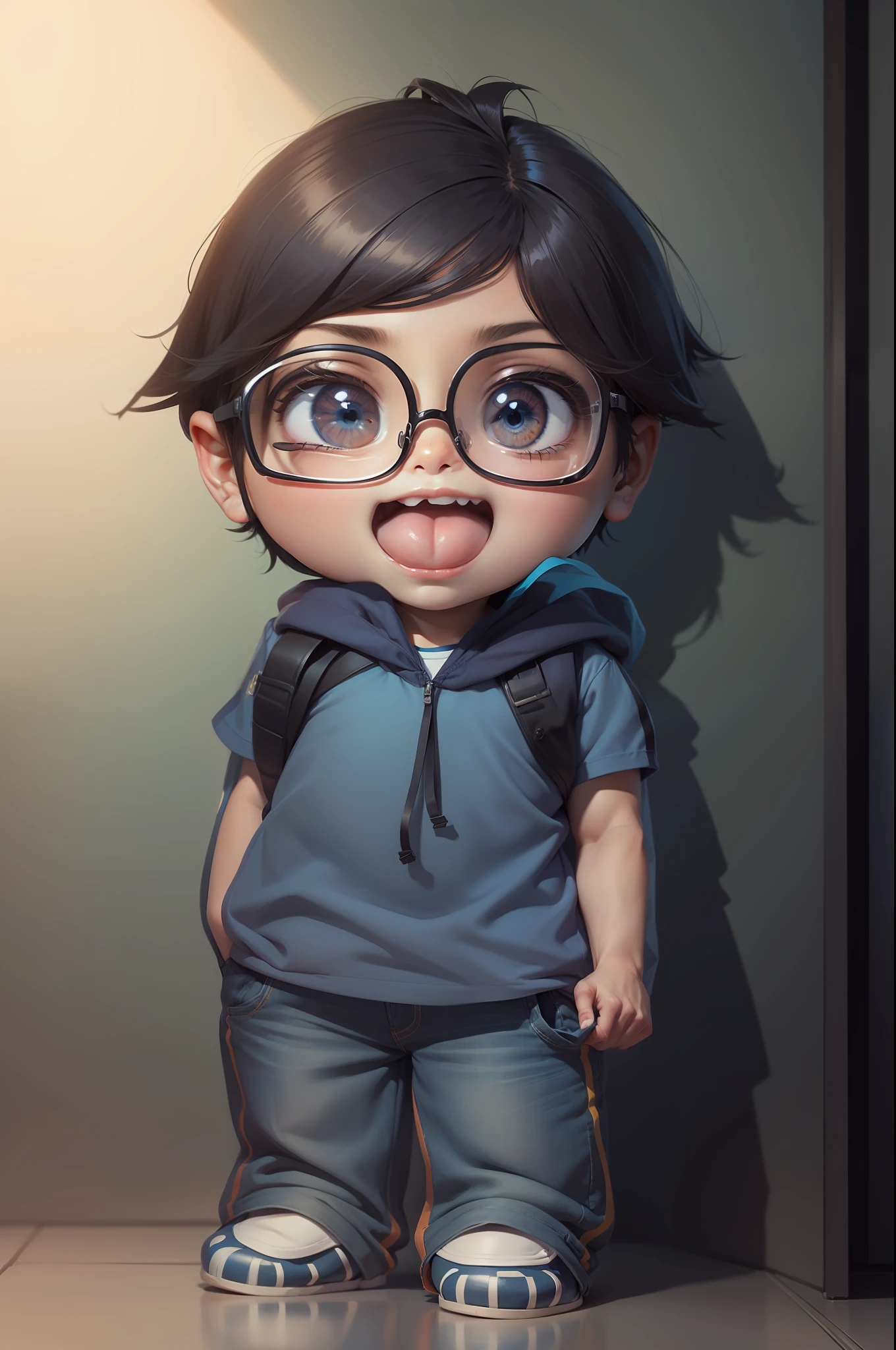 Desenho estilo anime donghua, desenho digital, cores vibrantes, melhor qualidade de imagem, alta resolução, cabelos castanho claro, cabelo liso com franja, menino feliz, wears glasses, stylish sneakers, blue shirt and jeans, anime