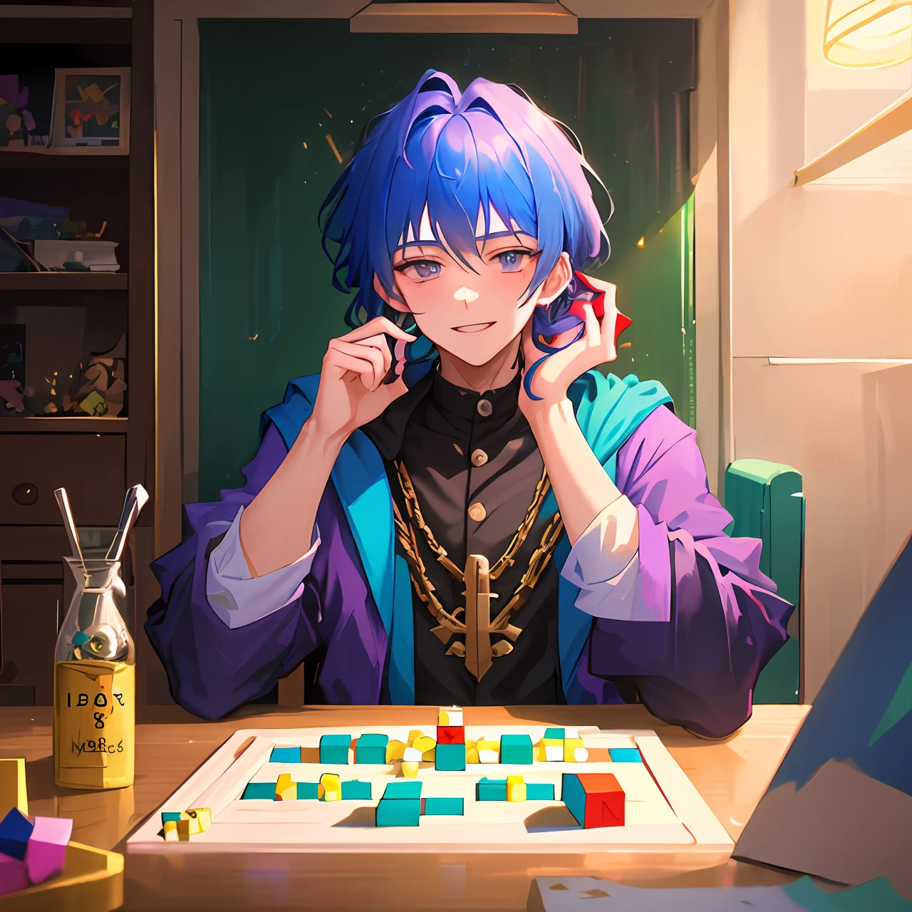 A 8k Anime young boy (20 years old) handsome Wizard, he is assembling a Rubik's Cube. Her hair is a purple Chanel cut, the boy is smiling.