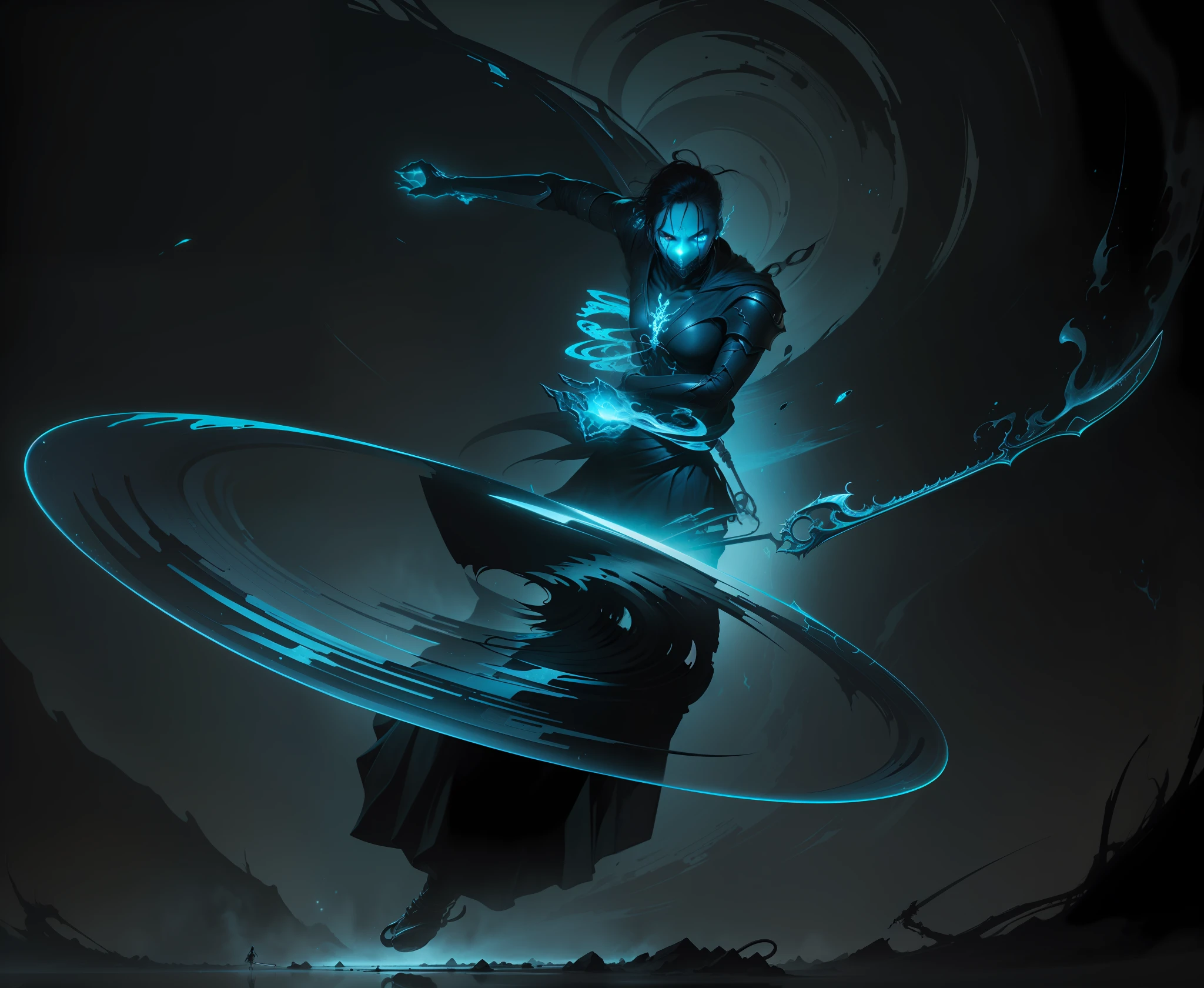 (mesmerizing artwork, extraordinary quality, breathtaking details), floating scythe, unearthly glow, dark and mysterious, (wraith-like figure:1.2), intricate patterns, (vibrant colors:0.8), swirling mist, intense perspective.