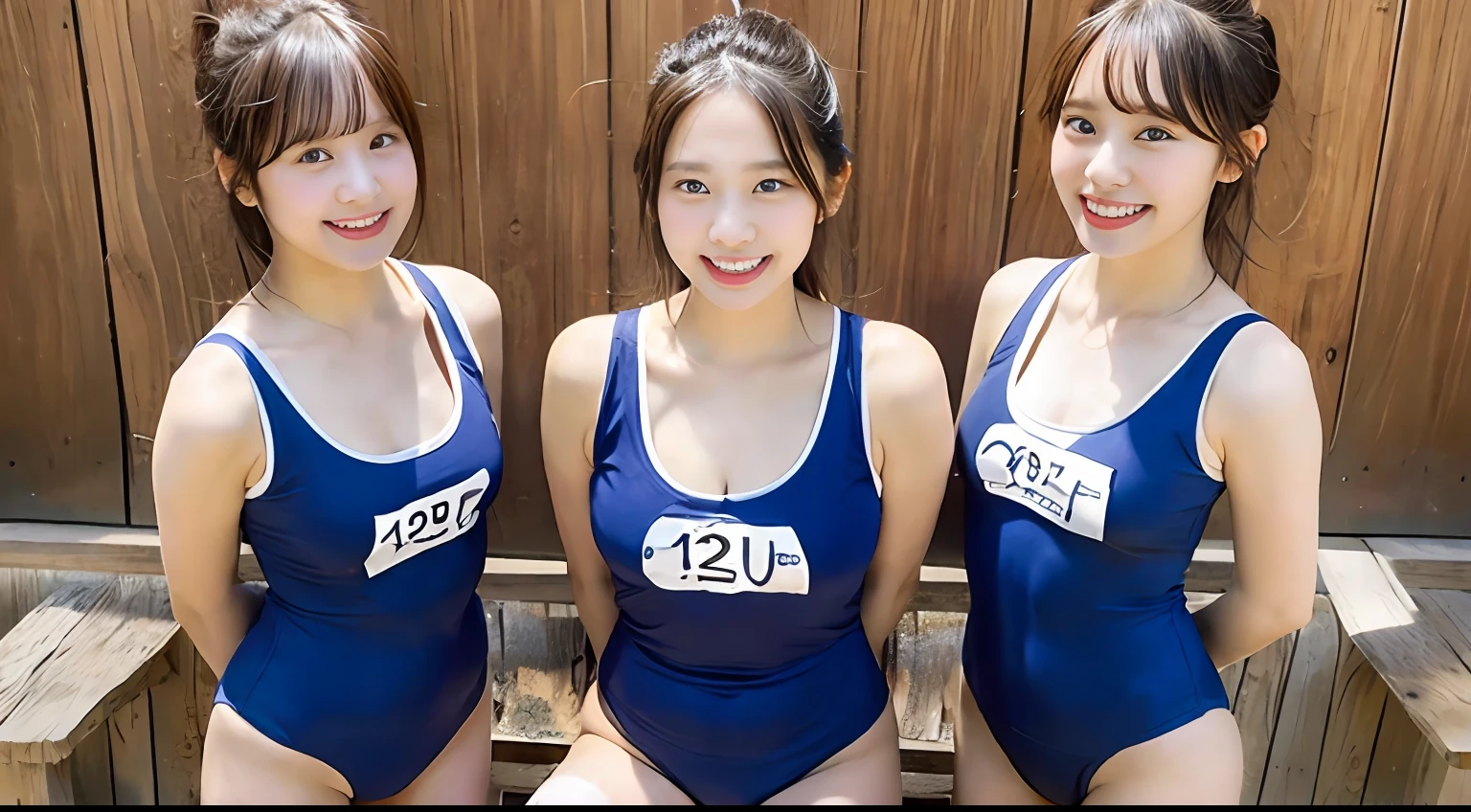 huge-breasted、12year old:Juvenile、Show your teeth、Thigh、Simple School Swimsuit、group of girls