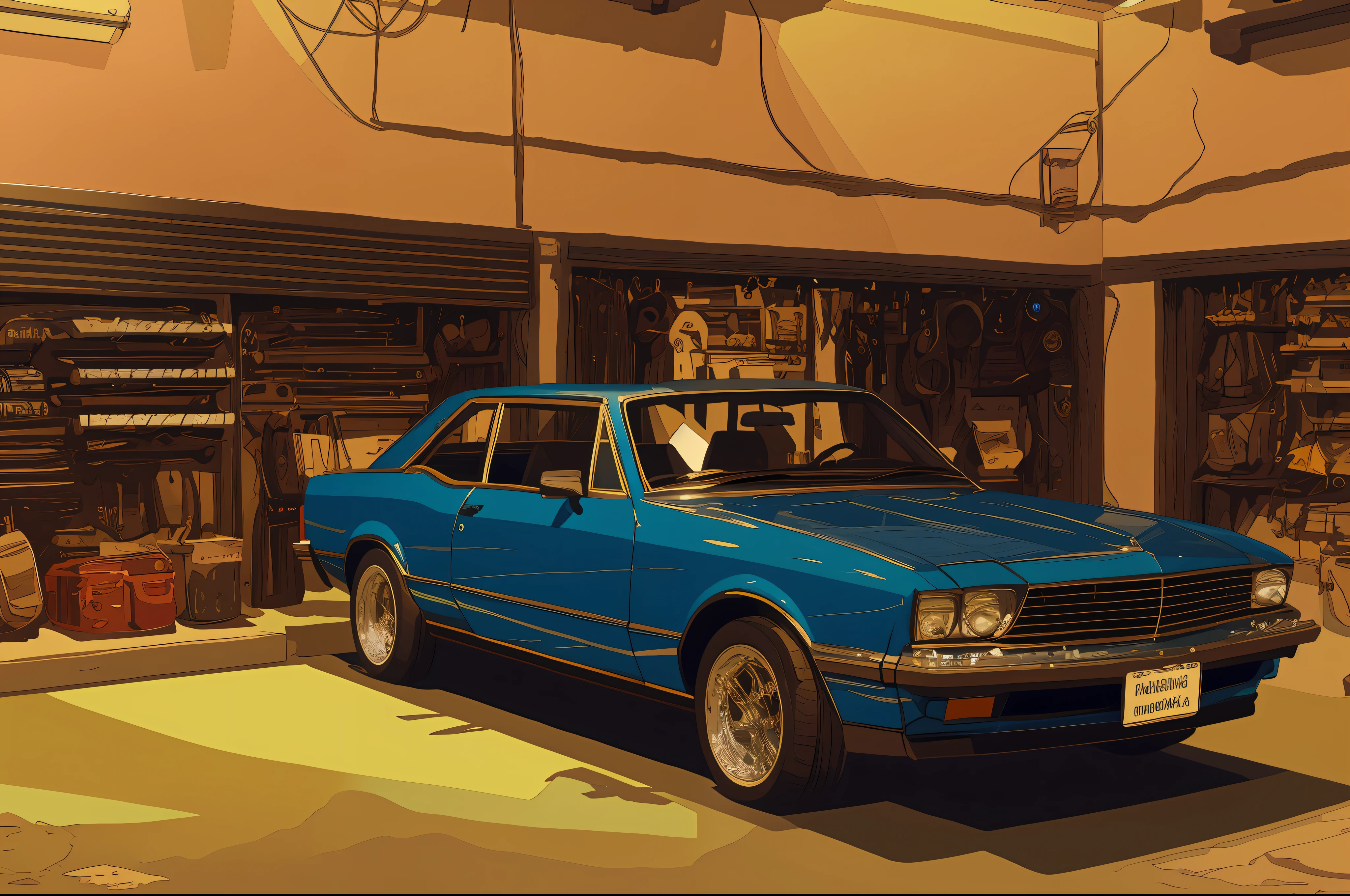 (masterpiece,best quality:1),official art,extremely detailed CG unity 8k wallpaper,illustration, light,car, bright, motor vehicle, ground vehicle, sports car, vehicle focus, wet, indoors, night, flat light,garage, auto shop,1990s \(style\),