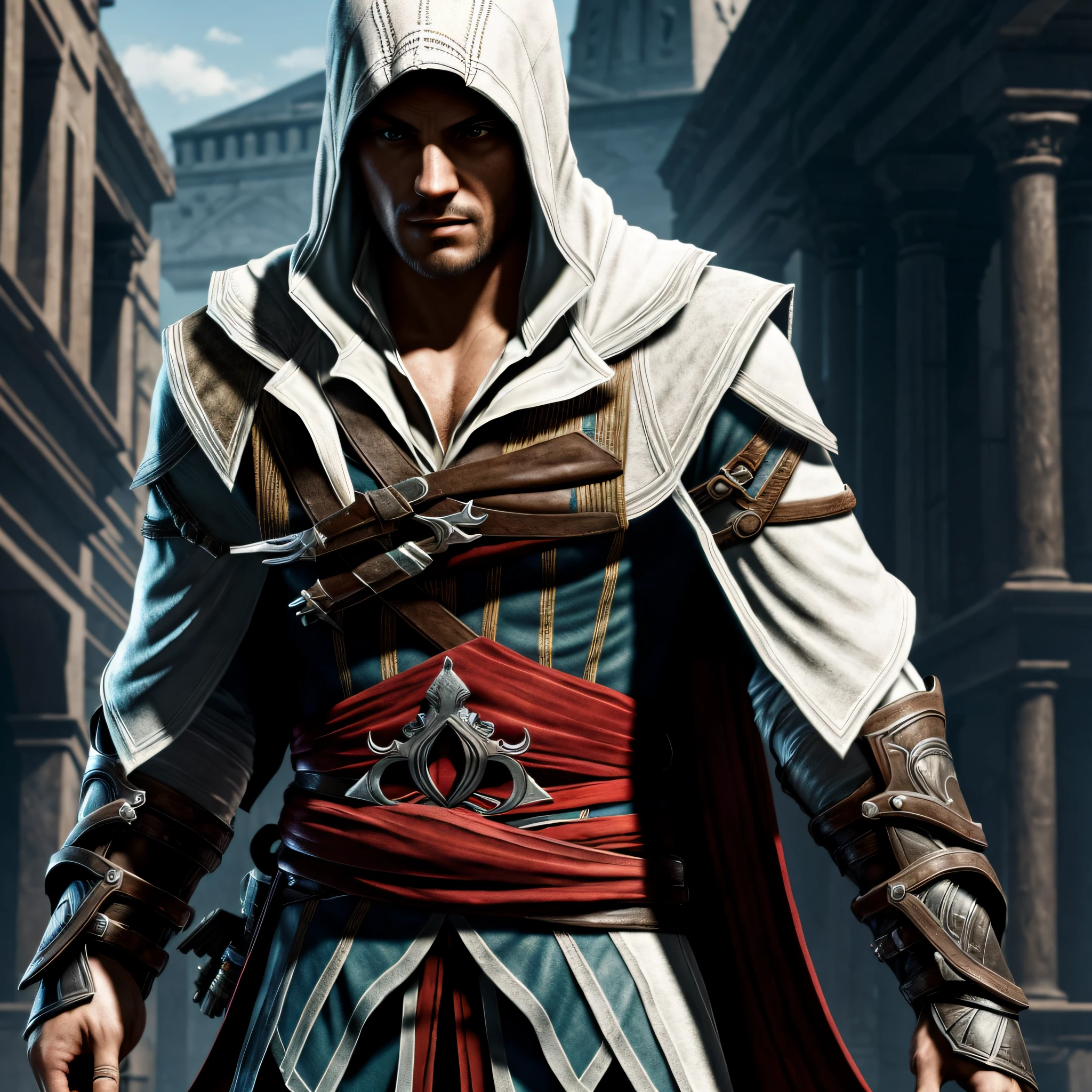 a full body assassins creed character, intrinsic details, masterpiece, hyper realistic , hd , 8k
