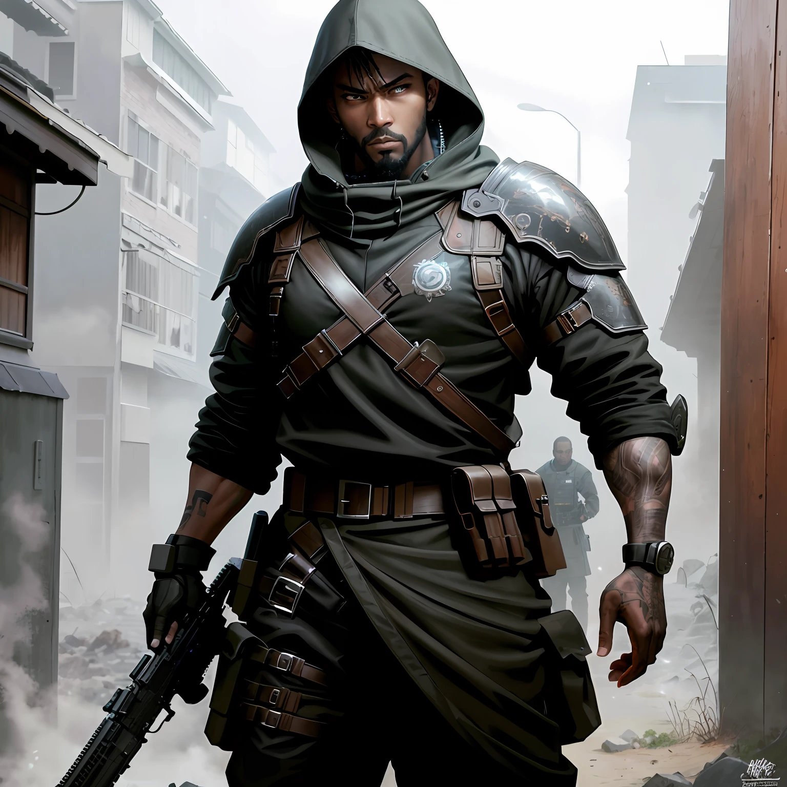 front view semi-realistic, front, bochen, guweiz, masterpiece, angry, highres, highly detailed, (Post-apoc, postapoc_character), (A young black man), 1boy, holding weapon, assault rifle, hood, gloves, armor, single, front view, front, close, face, single, angry face, short hair