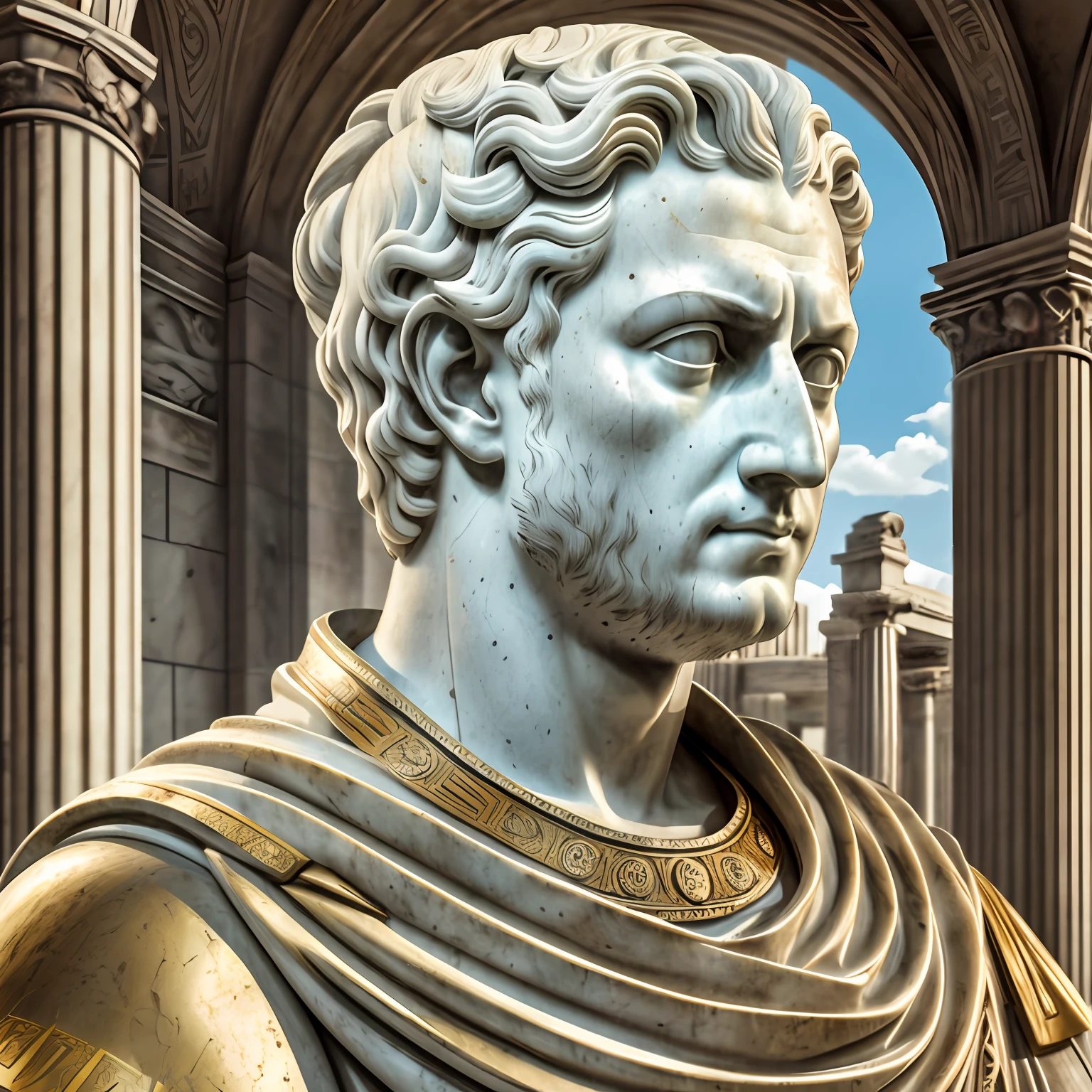 Portrait, realism, photorealism, ancient Roman emperor, as a white marble statue half realist robot ia