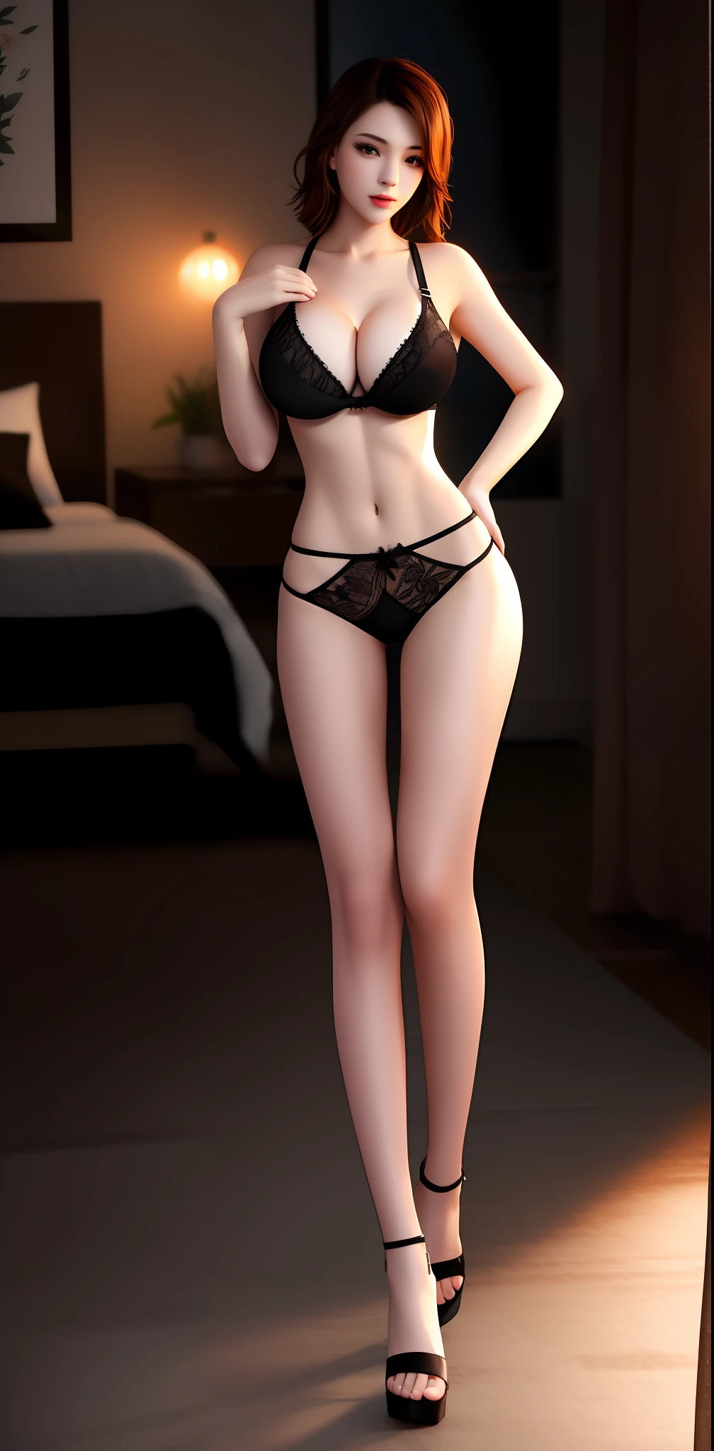 best qualtiy,tmasterpiece,A high resolution,Bedrooms,1girll,Full body like,frontage,Black lace bra,black thong,huge tit,Beautiful buttocks,beautifullegs,beautiful face,Physically,Dingdall effect,realisticlying,Dark Studio,edge lit,twotonelighting,(highdetailskin:1.2),8K, Ultra HD, Digital SLR, softlighting, high high quality, volumettic light, sneak shot, photore, A high resolution, 4K, 8K, Background bokeh,