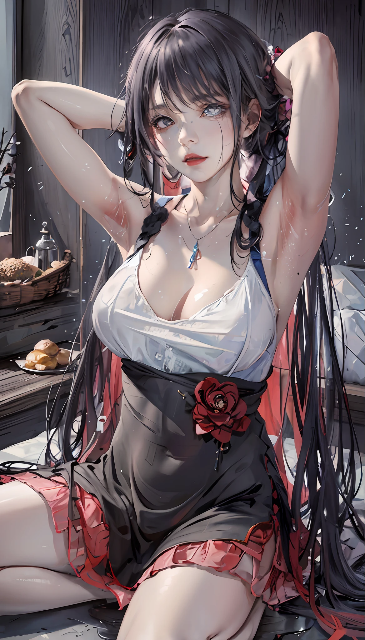 Long-haired anime girl sitting on the floor in the room, seductive anime girls, beautiful and seductive anime woman, Guweiz in Pixiv ArtStation, Guweiz on ArtStation Pixiv, Beautiful anime woman, Detailed digital anime art, Guviz-style artwork, Beautiful anime girl, Guviz, Beautiful anime artwork