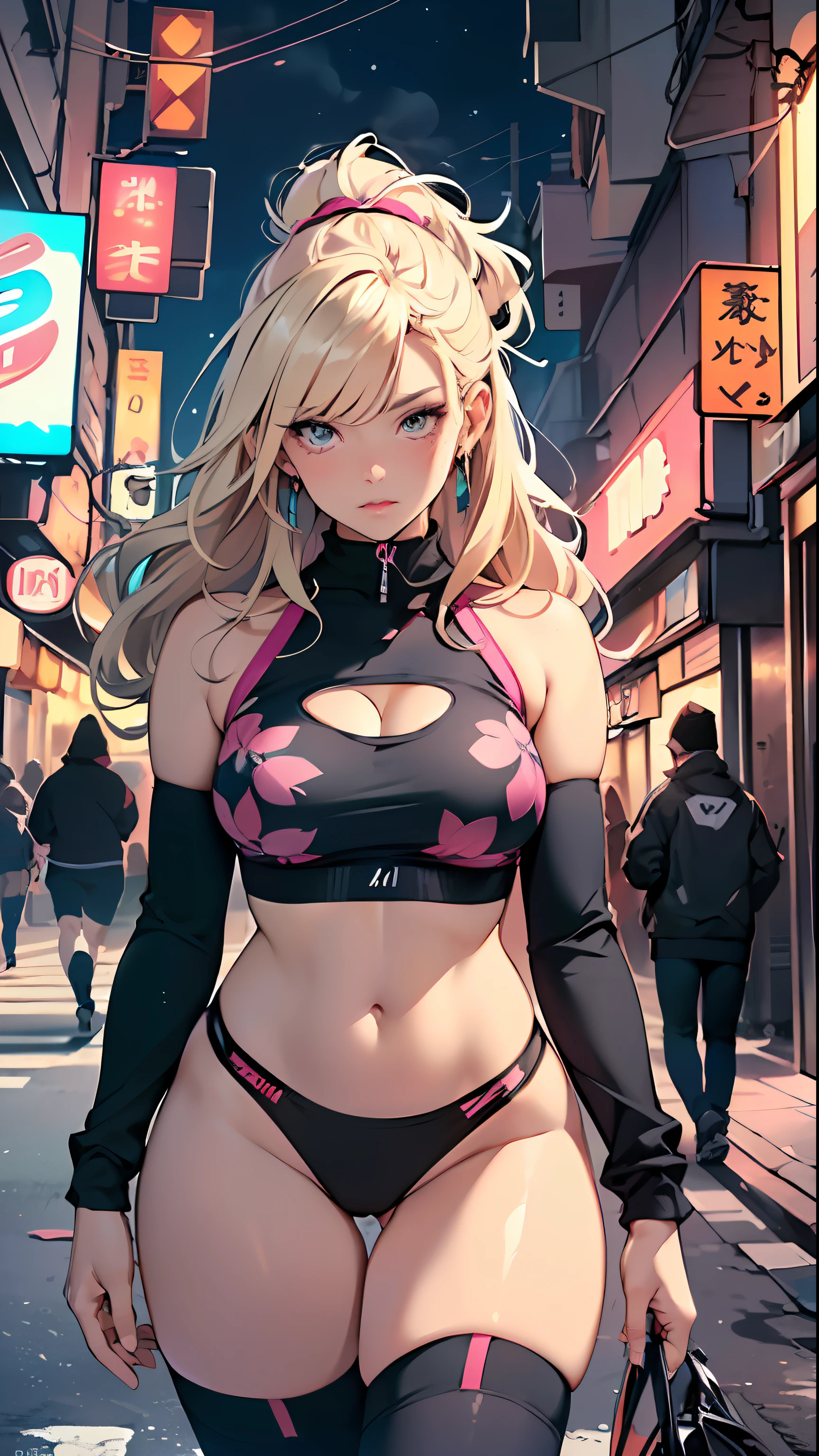 ((((Two twins girls)))), 2 sporty twins girls,(2girls:1.3),((two anime twins with extremely cute and beautiful blonde hair walking seductively down the street)),
(large breasts:1.4),saggy breasts,(((very light blonde hair:1.35, straight hair, long hair:1.4, colored inner hair,ear breathing))),((heterochromia, eye1 blue, eye2 green, perfect eyes, upturned eyes:1.3, beautiful detailed eyes, finely detailed beautiful eyes:1, big highlight on eyes:1.2)), (fat:1.2),(((lustrous skin:1.5,bright skin: 1.5,skin tanned,shiny skin,very shiny skin,shiny body,plastic glitter skin,exaggerated shiny skin))),(spider lower abdomen,narrow waist,wide hip,athletic body,inflated legs,delicate detailed fingers,detailed body,detailed arms,human hands, detailed hands),
cute,slutty,seductive,erotic,nsfw,
zettai ryouiki,revealing clothing,show skin,((sport bra an magenta print, sport mini-short,visible thong straps)),(wearing a sport outfit:1.3,sport clothes,semi-naked,with little clothing,),(detailed outfit,detailed clothes),
(dynamic pose:1.0), embarrassed, centered, scale to fit dimensions, Rule of thirds,
outdoors, ((night view)), (cyberpunk night street Background: 1.5,dark sky,alleyway,lonely alley,thick clouds, detailed background:1.25),
(best quality), (high resolution), (sharp focus), (ultra detailed), (extremely detailed), (extremely high quality artwork), 8k_wallpaper, (extremely detailed CG 8k),(very fine 8K CG), ((hyper super ultra detailed perfect piece)), flawless, (((masterpiece))), illustration, vibrant colors, (intricate), High contrast, Selective lighting, Double exposure, HDR (High Dynamic Range), Post-processing, Background blur,