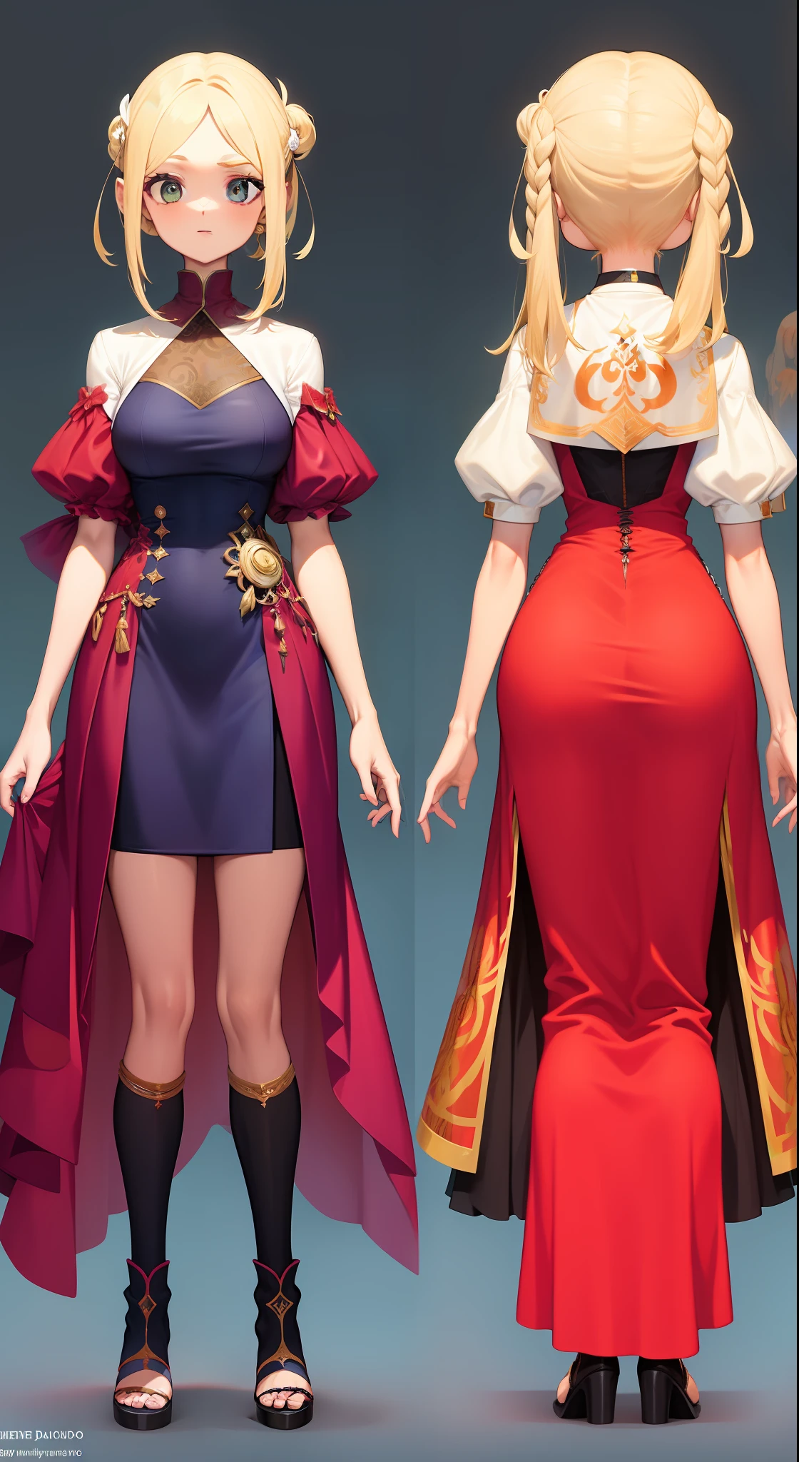1 garota, Caudas duplas, cabelo longo, cabelo ultra detalhado, vestido preto com detalhes vermelho, mesma roupa, Conceito-Arte, corpo inteiro, detalhe_rosto, Linha_esquete, Estilo de design, 4_Sode Original, multiple views of the same character, Technical illustration, Multiple views, obra prima, melhor qualidade