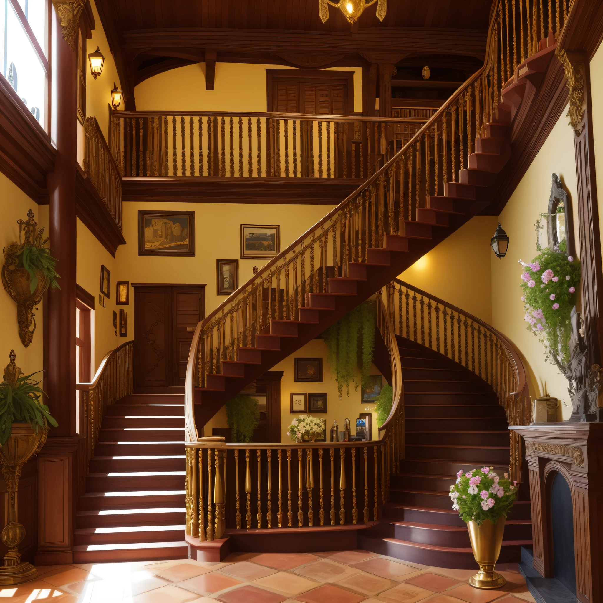 Handmade staircase handrail wooden horse face,gold railing,cavalo de madeira escultor,handmade wooden sofa extremely,Relic Book Archives,discos,Round wall of the bar has several flowers of the plant,sala moderna,madeira mogno masisa. --auto