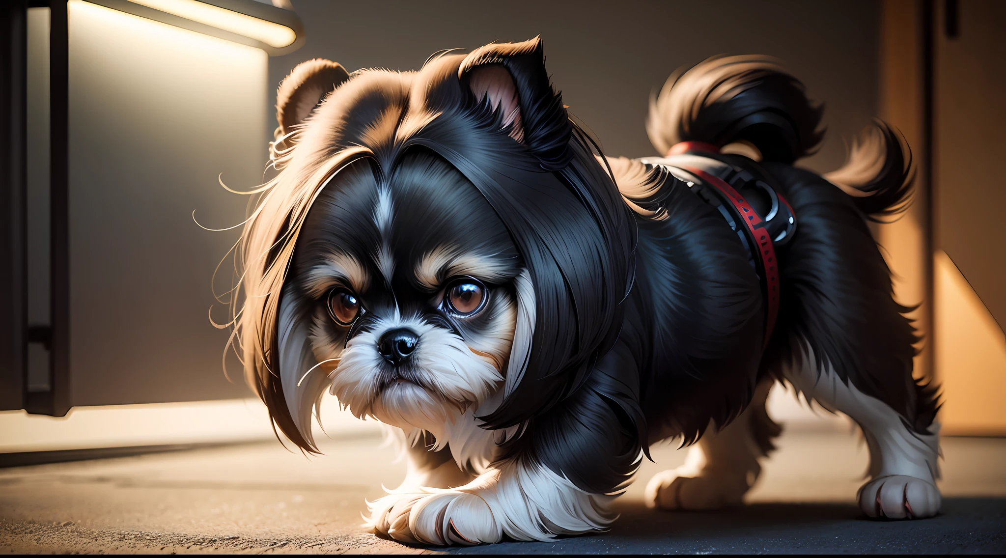 Shihtzu Cyborg dog with tail and 1 metallic eye, front lighting and shadow on the back wall. hair with a lot of detail and high resolution HDR --auto