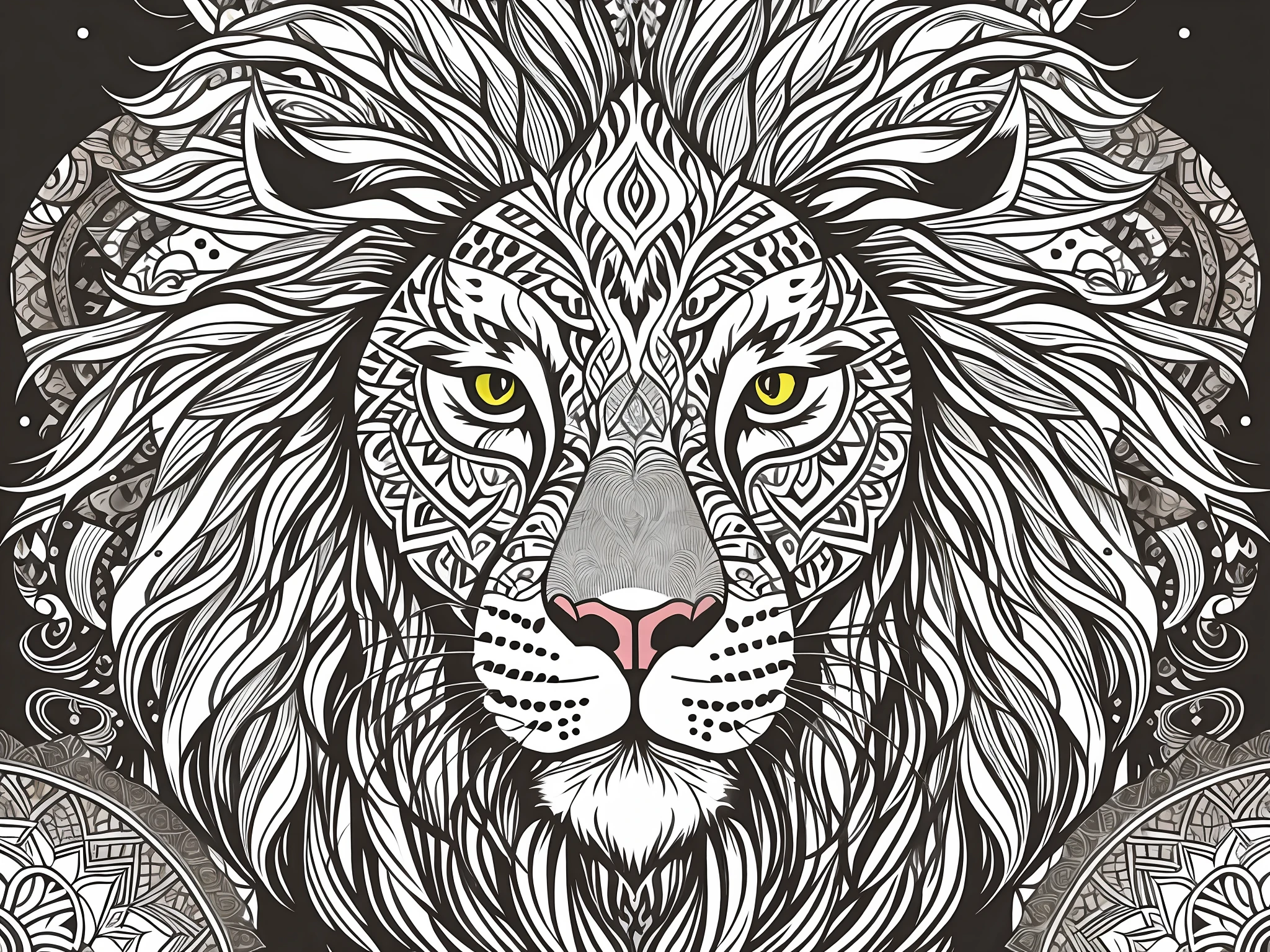 simetria, a lion's head and just facing forward, glare, preto e branco, fundo branco, sem antecedentes, arte de linha muito fina estilizada, vetor, design para colorir, African standard mane, orelhas de gato pequenas