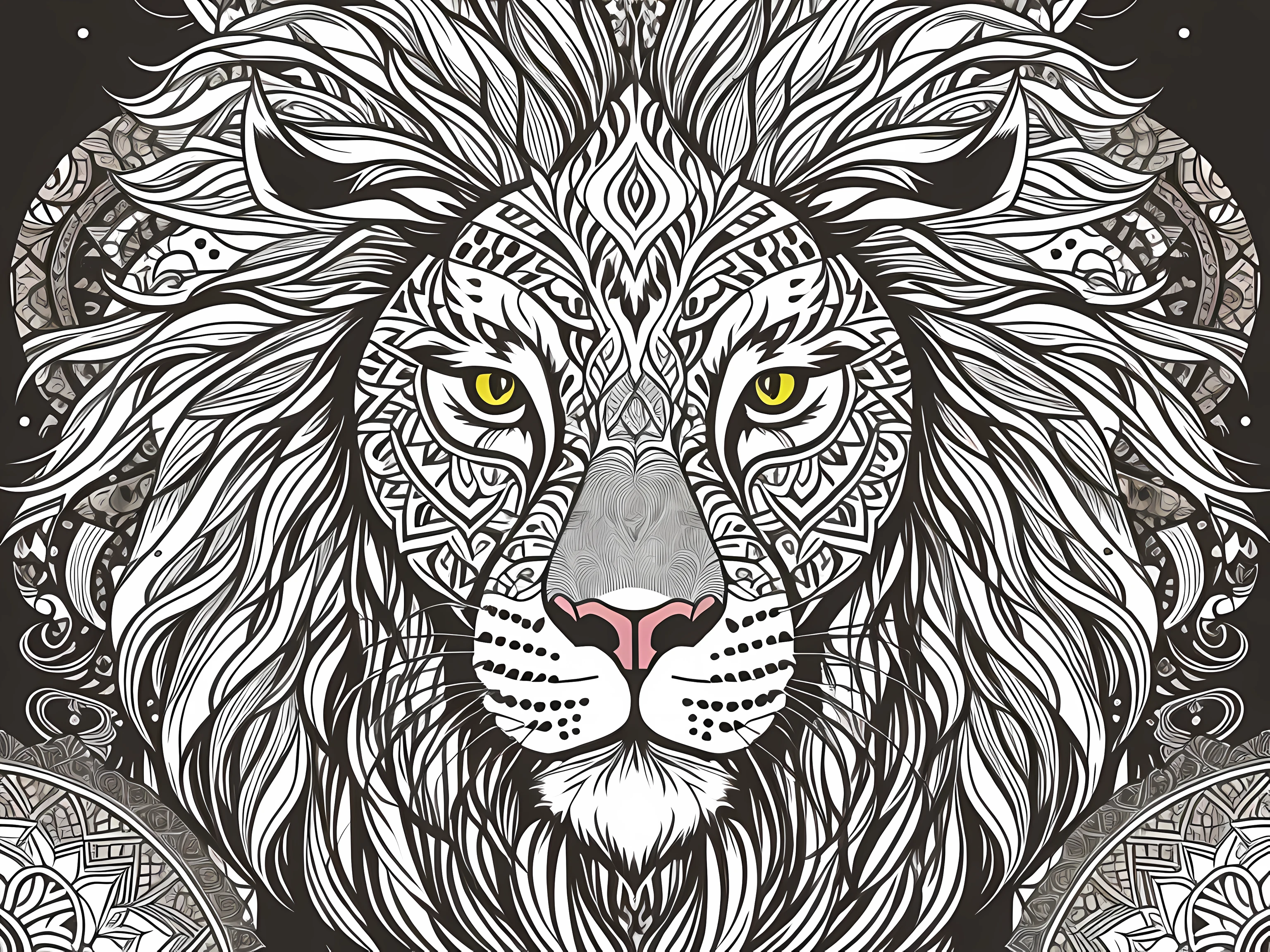 simetria, a lion's head and just facing forward, glare, preto e branco, fundo branco, sem antecedentes, arte de linha muito fina estilizada, vetor, design para colorir, African standard mane, orelhas de gato pequenas