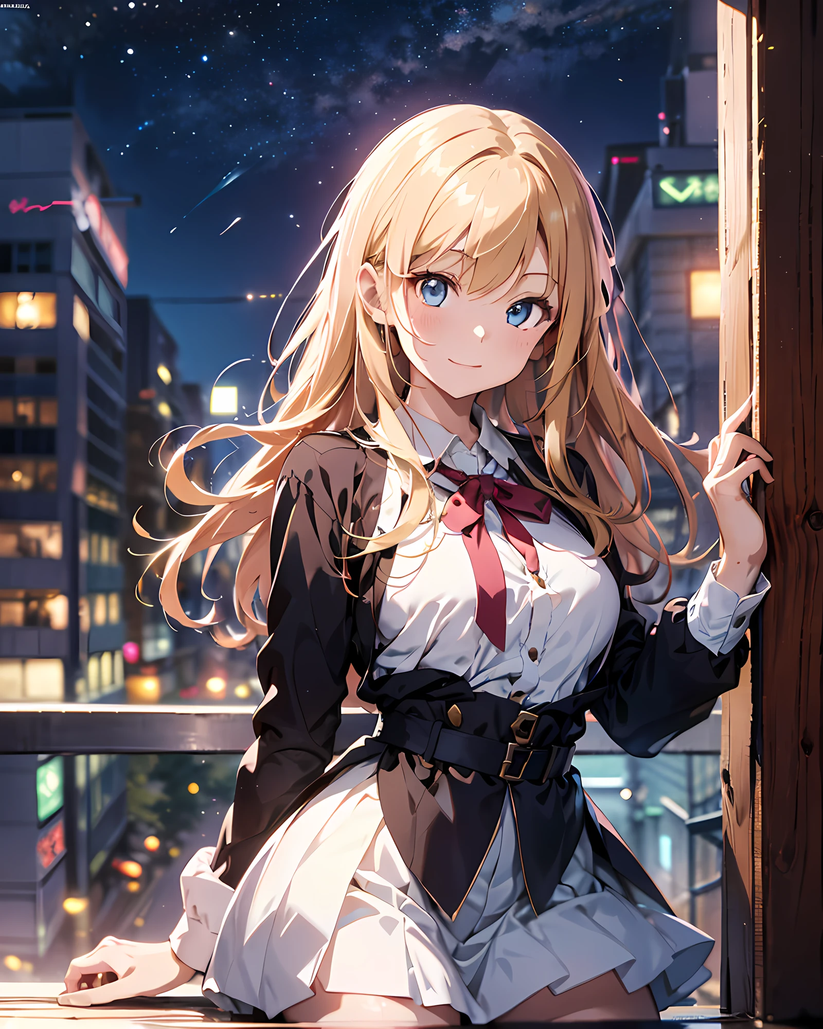 anime style illustration, highres, ultra detailed, (1girl:1.3), (dynamic pose):1.0 BREAK, cowboy shot, (pale skin:1.3), ((detailed blue eyes)), (bokeh effect), (dynamic angle), 1 extremely beautiful and glamorous Korean Idol at bedroom, wearing a school girl outfit, black stockings, BREAK, she has blonde wavy two-side-up hair style, medium-breasted, light smile, happy, wind, 8 life size, detailed clothes, detailed body, detailed arms, human hands, detailed hands, blush, light smile, pink lip gloss, looking the viewer, facing the viewer, sexy model posing, extremely leaning forward against the viewer, studio soft light, cinematic light, detailed background, realistic, ultra-realistic, masterpiece, 32k ultra-sharp image, Japanese anime waifu, concept art by Kyoto animation, Makoto Shinkai,
