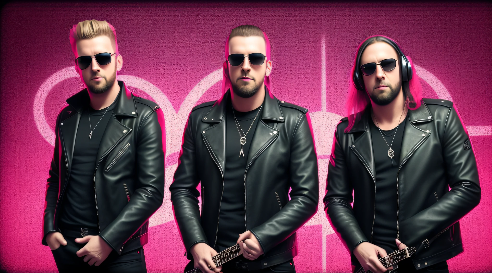 3 BLONDE BOYS LONG HAIRED, in black leather jackets and sunglasses, HALF BODY, SOFT RED BACKGROUND LIGHTS, posing for a photo, high quality photo, very low quality image, heavy rock band promotional photo, phosphorescent, heavy metal band promo, photo of a promotional session, very high quality, war photo, the scooter (EDM band, sinister vibe, the name of the band is Roborock