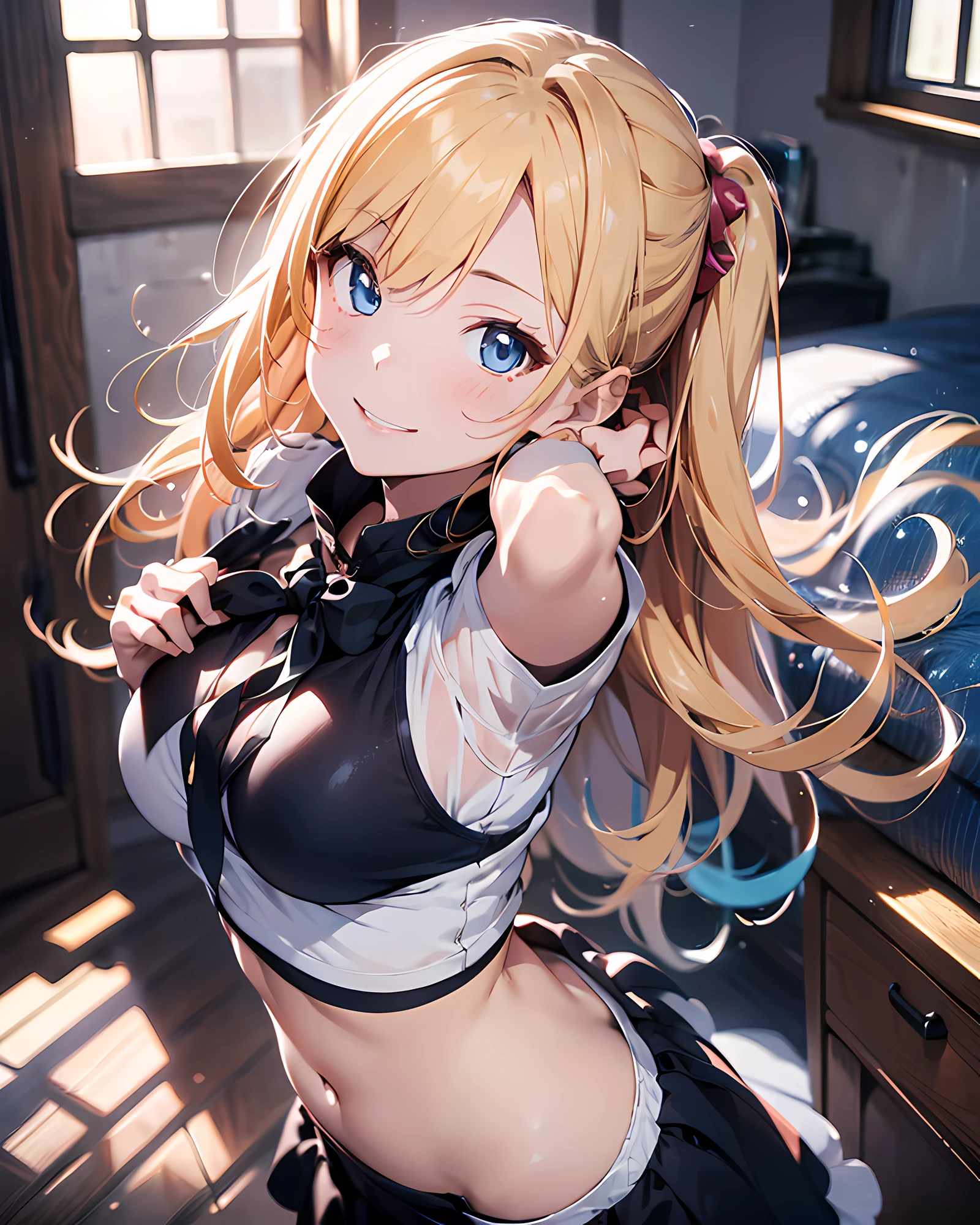 anime style illustration, highres, ultra detailed, (1girl:1.3), (dynamic pose):1.0 BREAK, cowboy shot, (pale skin:1.3), ((detailed blue eyes)), (bokeh effect), (dynamic angle), 1 extremely beautiful and glamorous Korean Idol at bedroom, wearing a school girl outfit, black stockings, BREAK, she has blonde wavy two-side-up hair style, medium-breasted, light smile, happy, wind, 8 life size, detailed clothes, detailed body, detailed arms, human hands, detailed hands, blush, light smile, pink lip gloss, looking the viewer, facing the viewer, sexy model posing, extremely leaning forward against the viewer, studio soft light, cinematic light, detailed background, realistic, ultra-realistic, masterpiece, 32k ultra-sharp image, Japanese anime waifu, concept art by Kyoto animation, Makoto Shinkai,