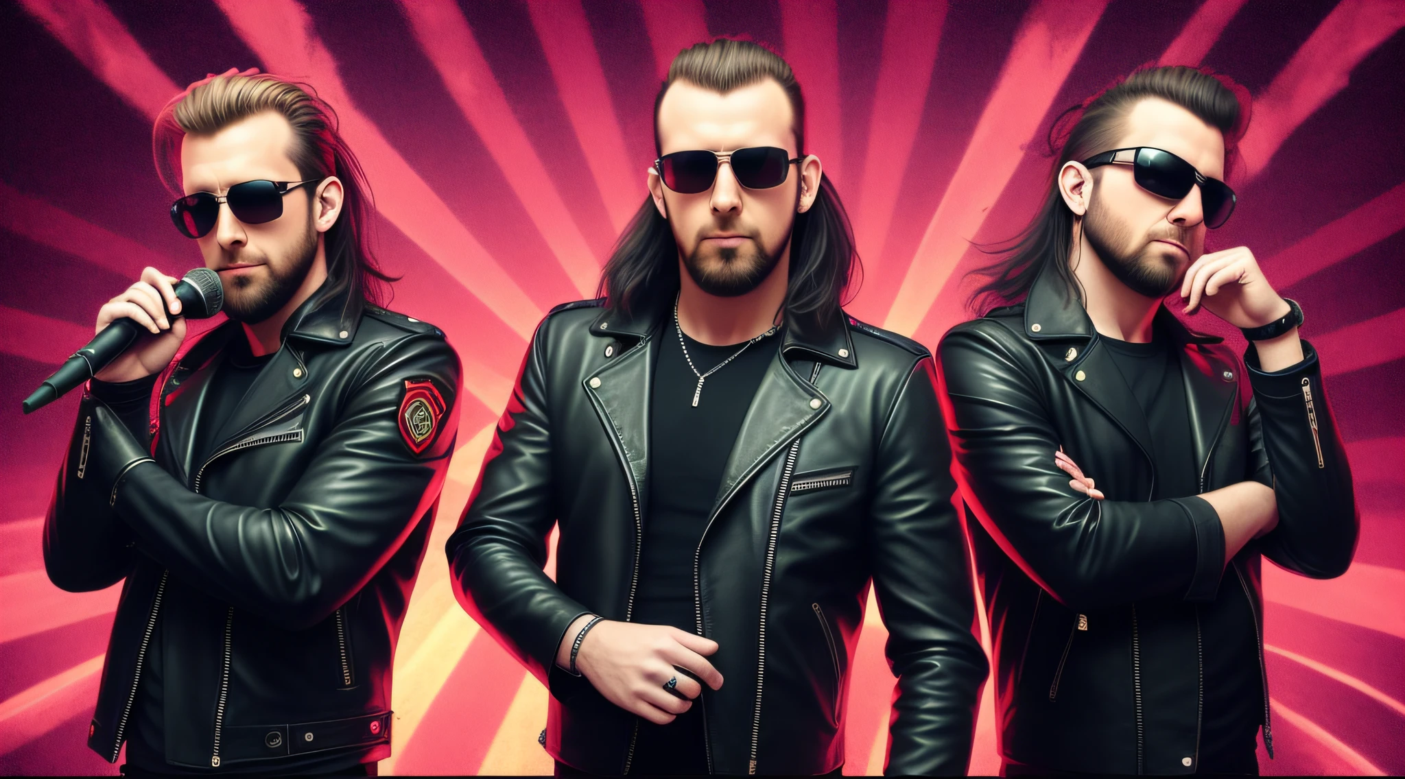 3 BLONDE BOYS LONG HAIRED, in black leather jackets and sunglasses, HALF BODY, SOFT RED BACKGROUND LIGHTS, posing for a photo, high quality photo, very low quality image, heavy rock band promotional photo, phosphorescent, heavy metal band promo, photo of a promotional session, very high quality,  war photo, the scooter (EDM band, sinister vibe, the name of the band is Roborock