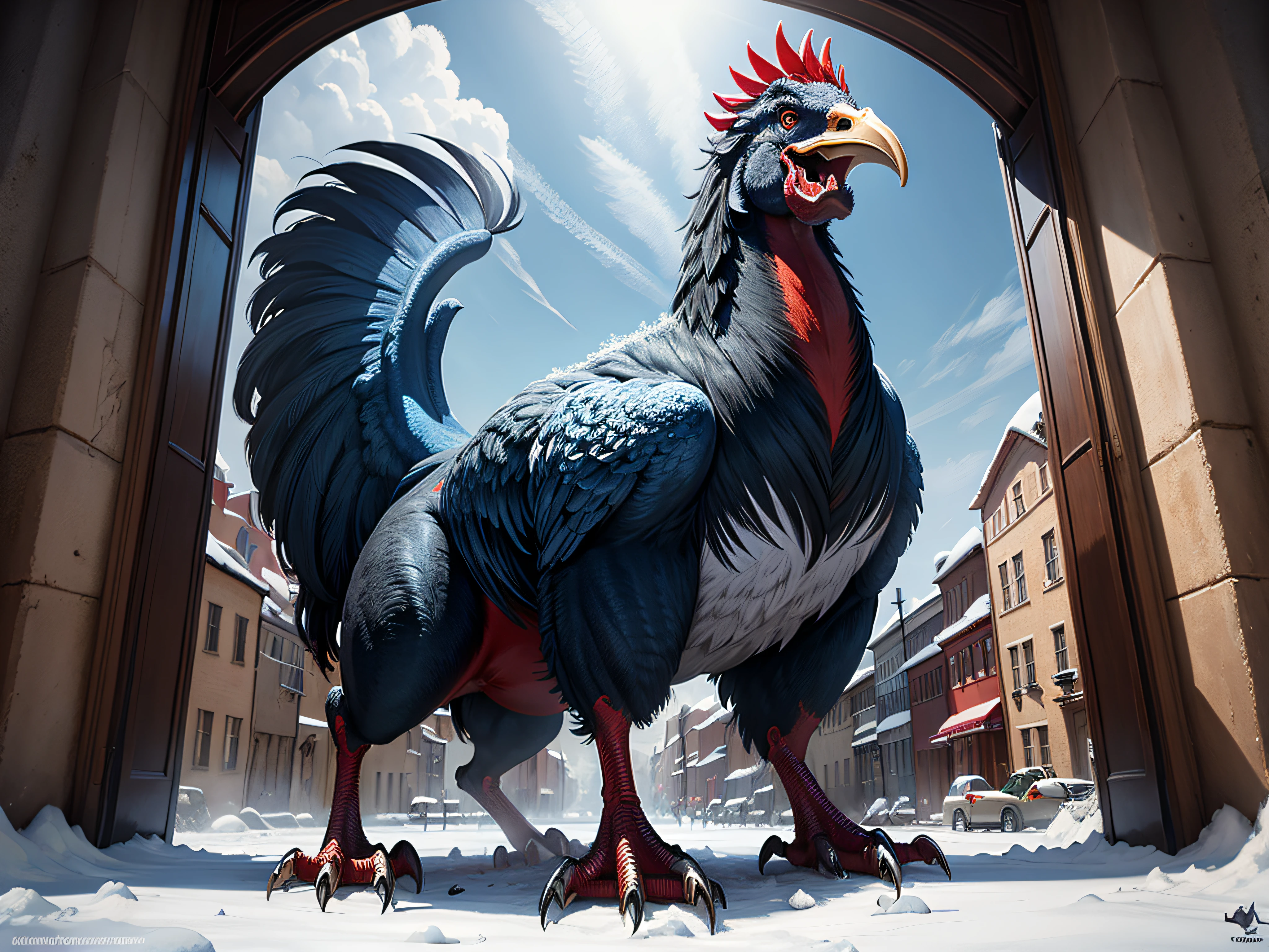 Rooster with Trex fangs, high definition, blue,red, black, snowy --auto