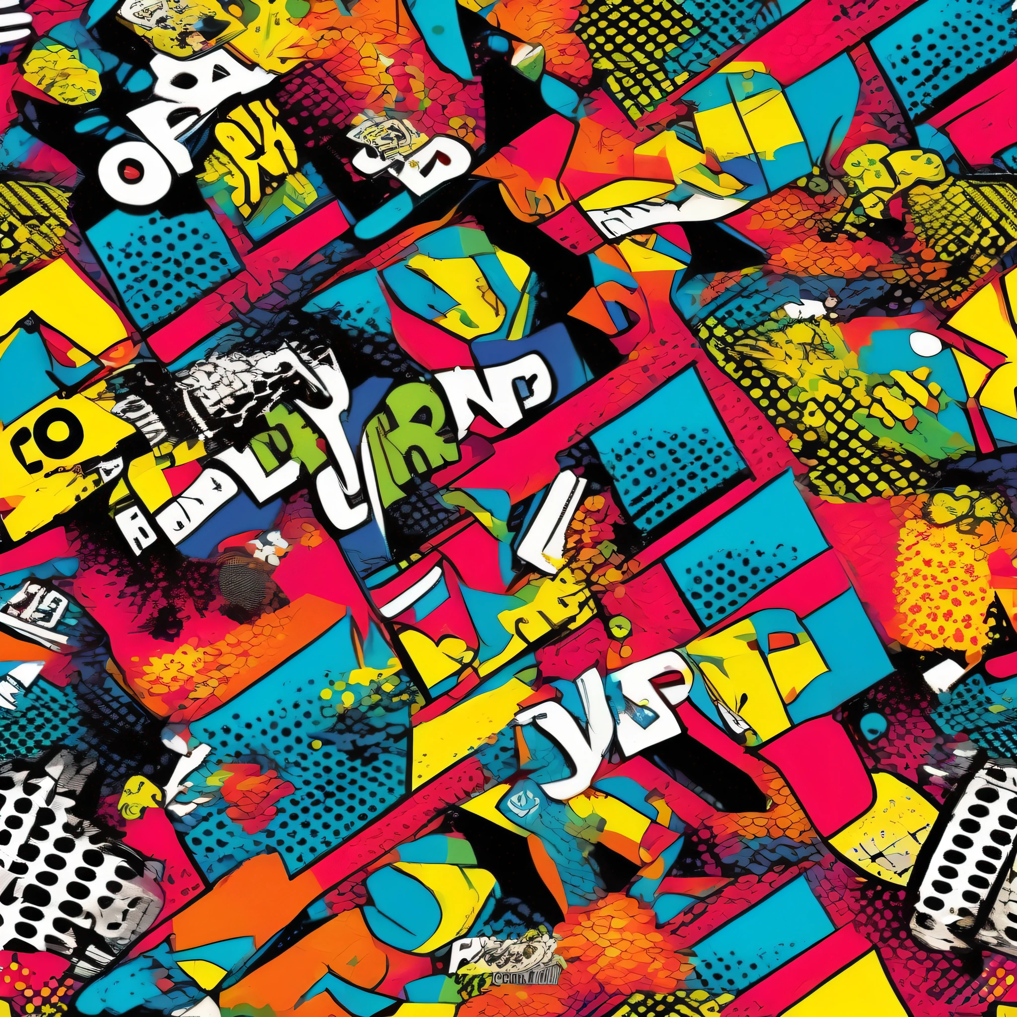 {{FRONT}} A graphic cycling jersey in front inspired by pop art. The design style is vibrant and fun, colorful, comic book style graphics and typography. The graphic design incorporates bright colors, graphic elements and comic book-style halftone patterns, creating a visually striking and energetic design on the shirt. FRONT