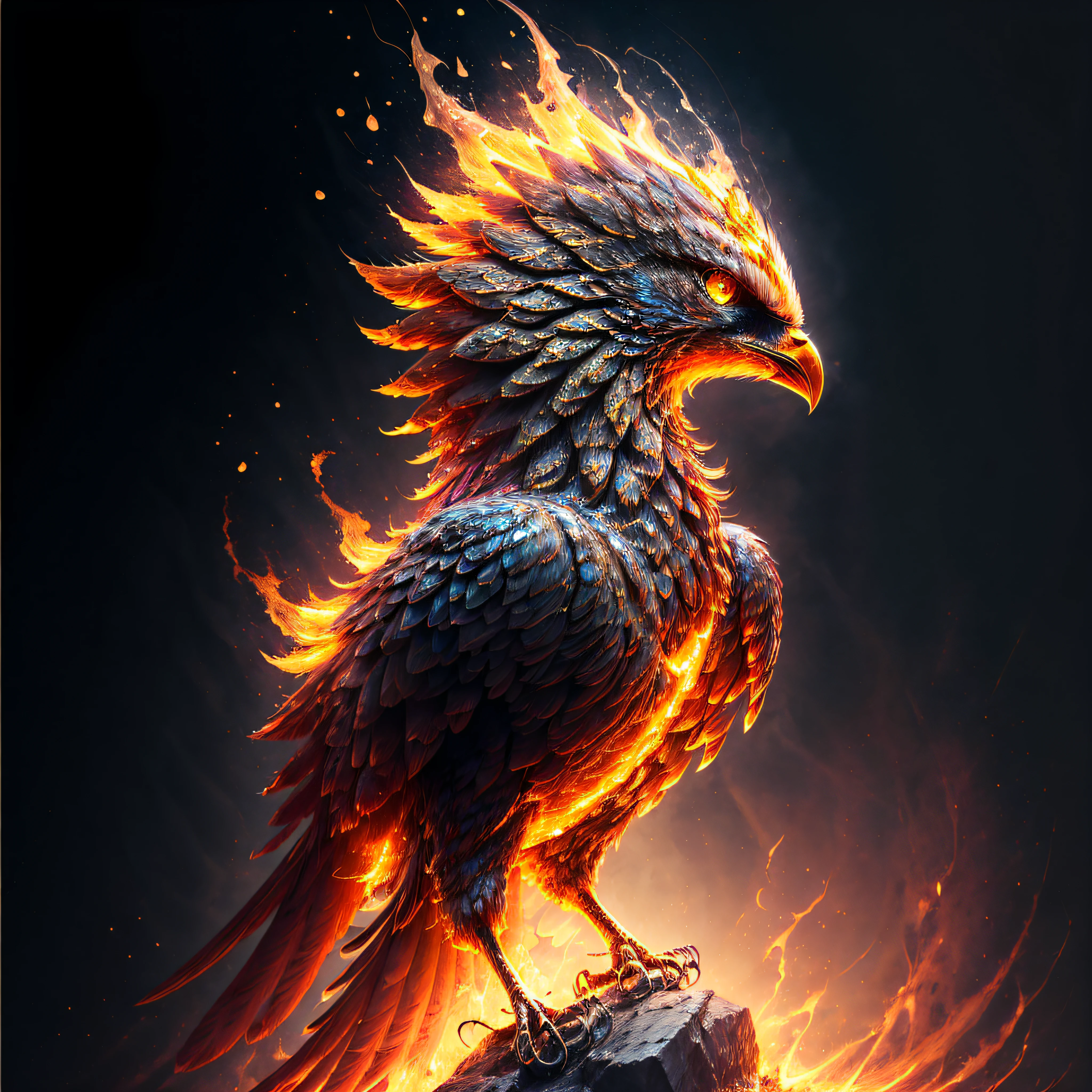 phoenix, masterpiece, best quality, solo, full body, yellow eyes, wings, no humans, glowing, bird, fire, animal focus, beak, hyper detailed, insanely detailed