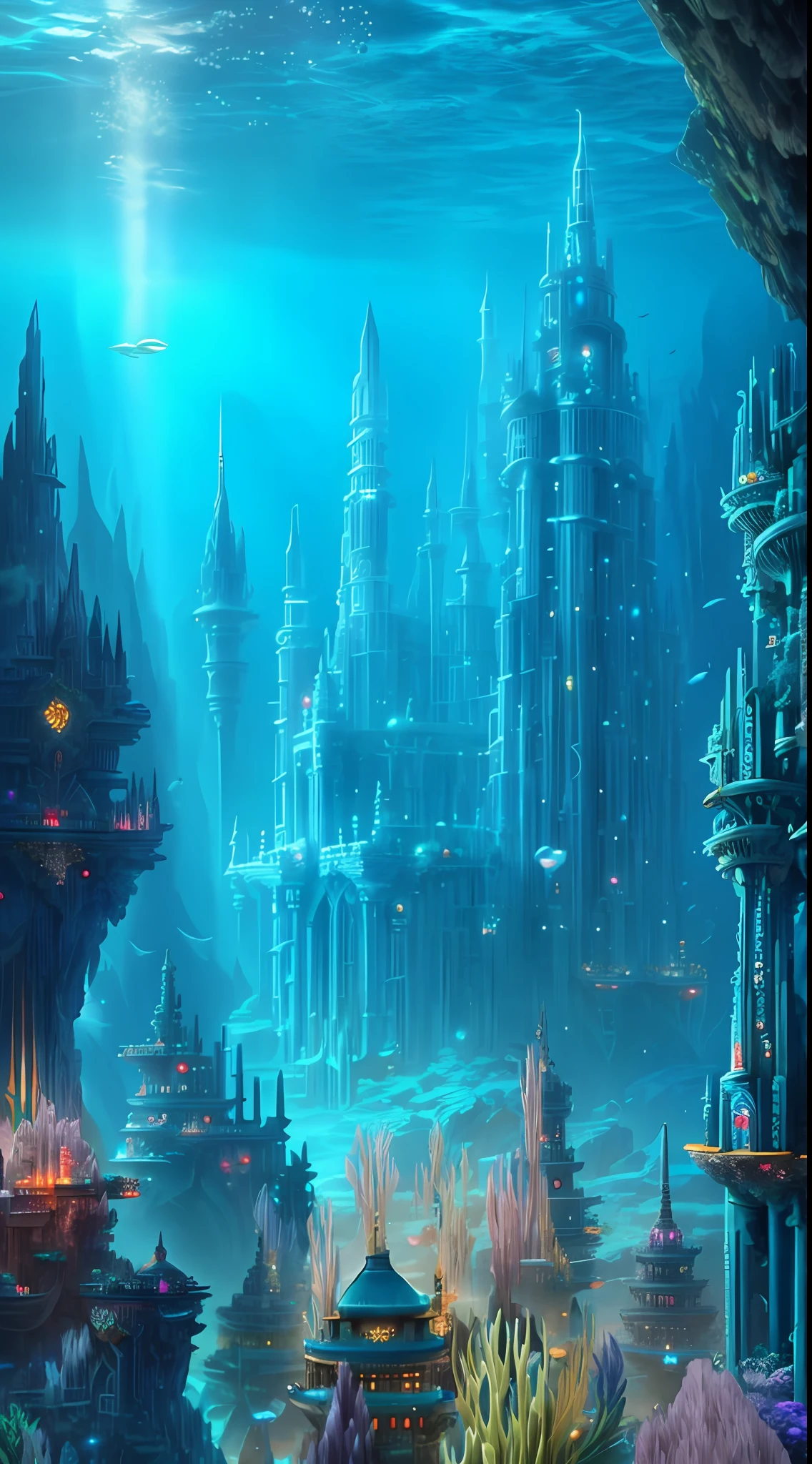 (futuristic underwater metropolis+lost city of atlantis+underwater temple+the reef+an underwater city),matte painting,(Fantasy style)Undersea castle or(Atlantis)Undersea temple,(Dreamy)Ocean view,(under the water)The scenery is romantic,(Full of magic)atlantis background,(Colorful)underwater landscape。