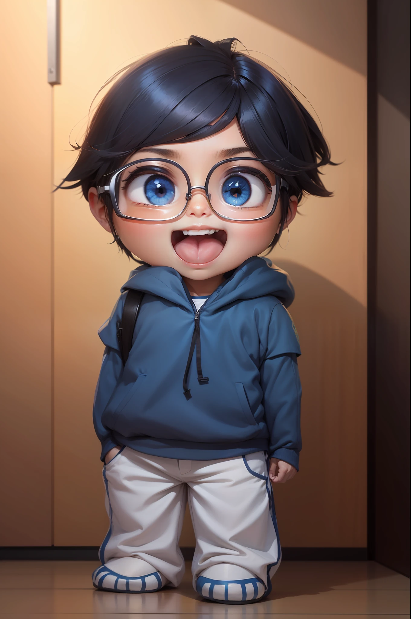 Desenho estilo anime donghua, desenho digital, cores vibrantes, melhor qualidade de imagem, alta resolução, cabelos loiros, olhos azuis, cabelo liso com franja, menino feliz, sorriso bonito, wears glasses, stylish sneakers, blue jacket and jeans, anime, obra prima