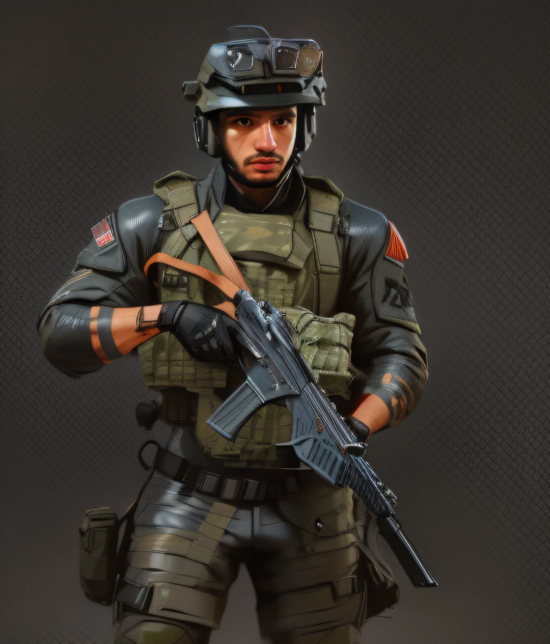 (Bright and lively style)+, (male), (energetic and lively atmosphere), (bright and dynamic colors), (realistic), a close-up of a soldier with a rifle and a helmet, realistic soldiers, realistic military gear, in-game capture 3d render, expert high detail concept art, full body shot hyperdetailed, high-detail character models, concept art like Ernest Khalimov, realistic armor, cinematic full character, black armored uniform, soldier, unreal engine character art, sci-fi soldier,
