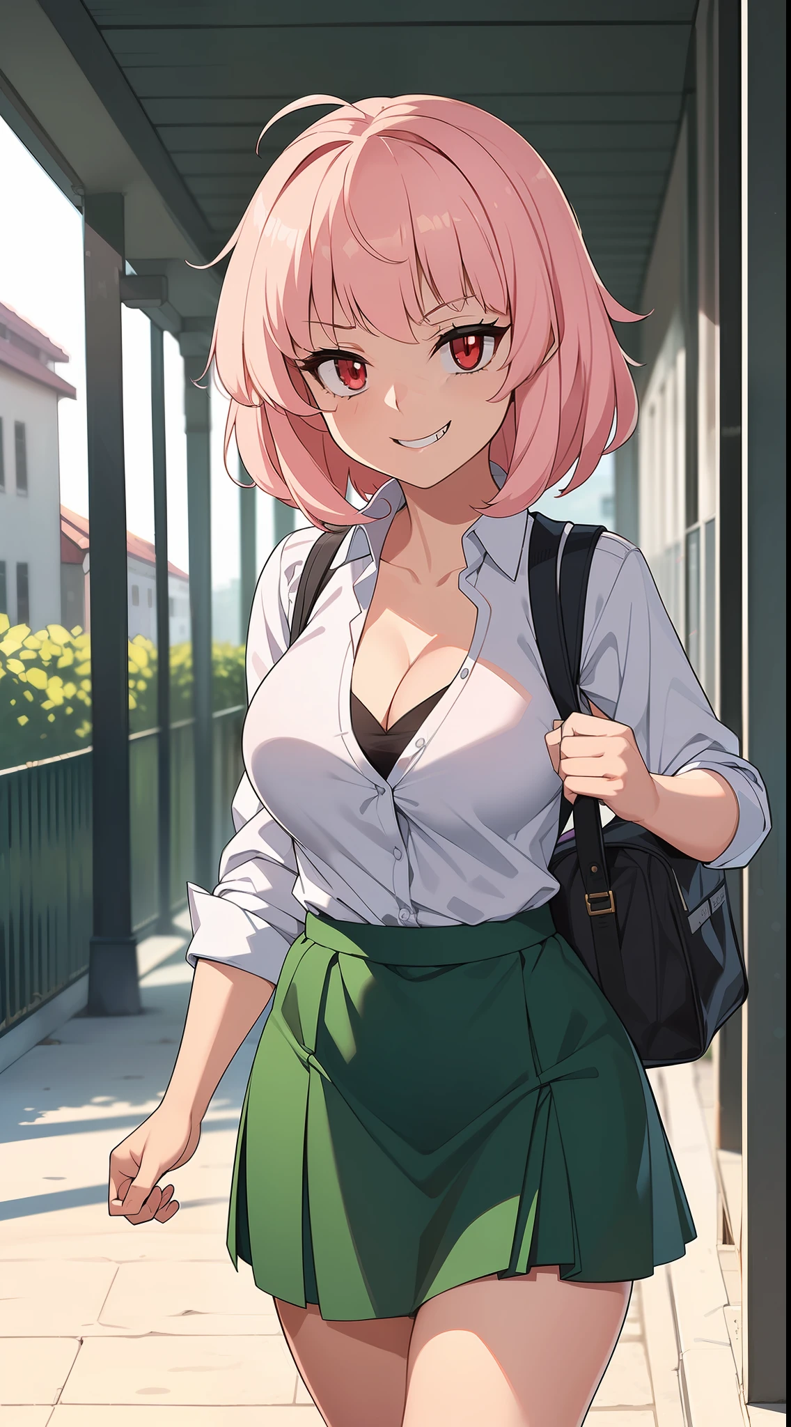 ((((kipteitei art)))), ((highres)),Masterpiece, high quality, best quality, beautiful, perfect lighting, detailed face, ultra cute face, ((1girl)), ((solo), very short hair, light pink hair, ((messy hair)), tomboy, red eyes, mean, cocky smile, smug, walking in school hallway, ((school uniform)), holding school bag, sweater tied around hip, 19 year old girl, medium breasts, cleavage, perky breasts, wide hips, thick thighs, dress shirt, green skirt,