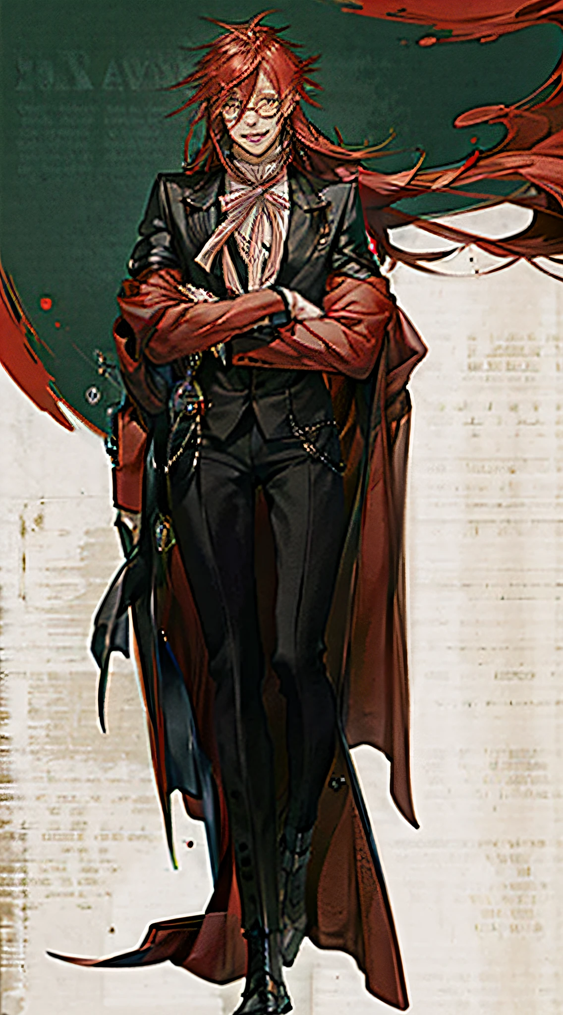 Grell Sutcliffe, Genshin Impact, red long hair, bright green eyes, Shark teeth, eyeglasses, Clothing of the 19th century, red coat, 独奏, 1 boy, A big smile