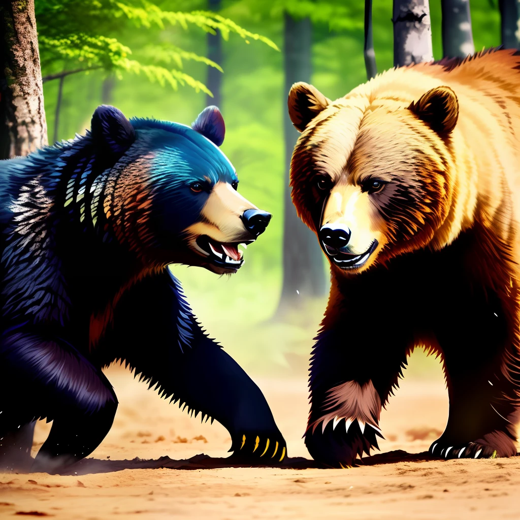 # forest # bears # titanic battle # claws # determination # electricity # colossi # roaring # leaves tremble # fur bristles # strength # ferocity # nature # wild duel # gaze fixed # brutal strength # ground trembles # dominance # deep growls # majestic # dangerous # wild beauty # animal strength # bear fight # raw power # primal instincts # fascinating spectacle # captivating