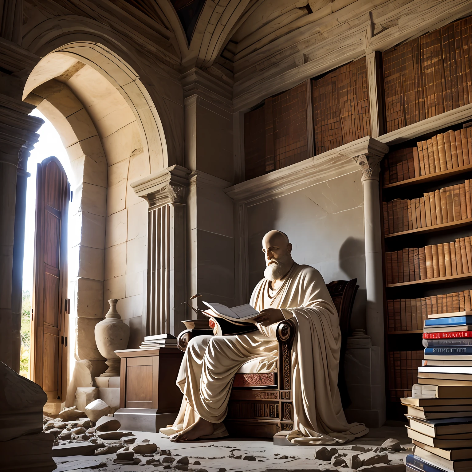 marble sculpture of the face of a Greek god ((bearded and bald)) in a destroyed place, cinematography, epic light and shadow, lots of contrast, professional photography design studio, tasked with creating an image depicting communication between a philosopher and a robot. The setting is an ancient library, filled with dusty books and scrolls. The dim light from candles fills the room, creating dancing shadows on the stone walls. In the center, the philosopher, dressed in traditional Ancient Greek garb, sits in an armchair, an open scroll and a quill in his hand. His expression is one of deep concentration and curiosity. Facing him stands a sleek,