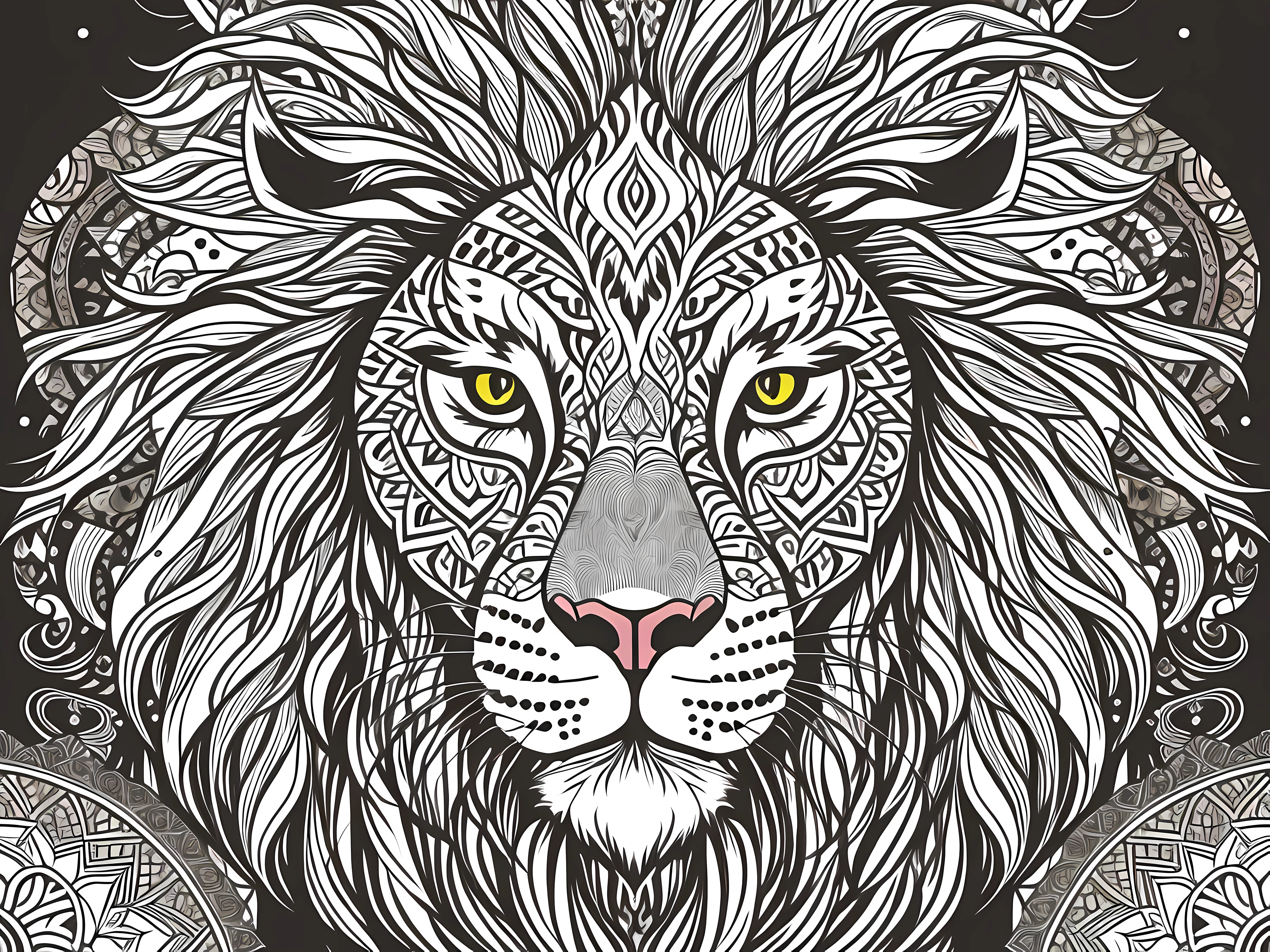 simetria, a lion's head and just facing forward, glare, preto e branco, fundo branco, sem antecedentes, arte de linha muito fina estilizada, vetor, design para colorir, African standard mane, orelhas de gato pequenas