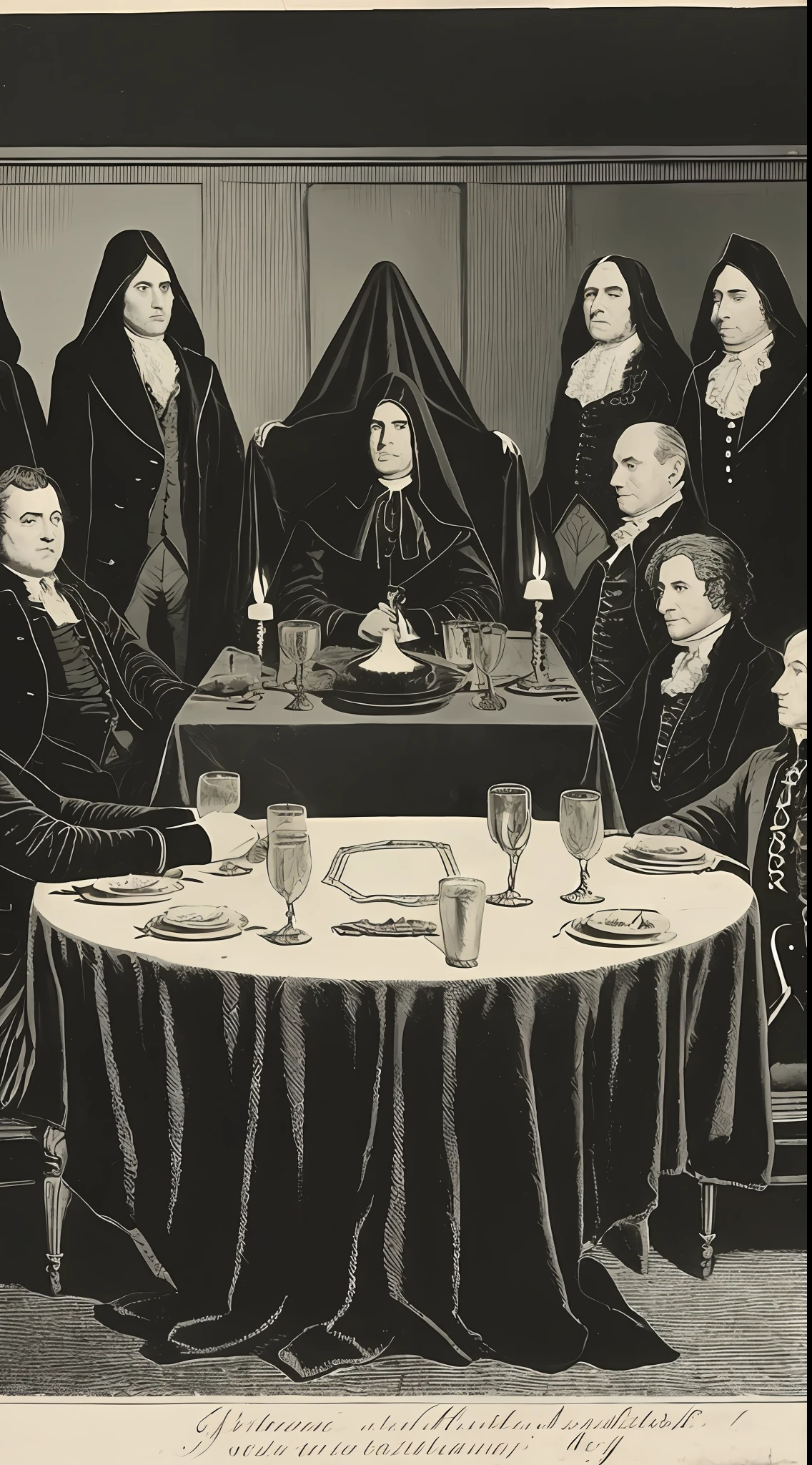 "A historically accurate depiction of a secret meeting of the Illuminati in the 18th century, featuring cloaked and shadowy figures seated around a large, wooden table. The setting should be dark and mysterious, with hints of candlelight illuminating the figures. The overall atmosphere should be tense and secretive, with an air of danger and intrigue."