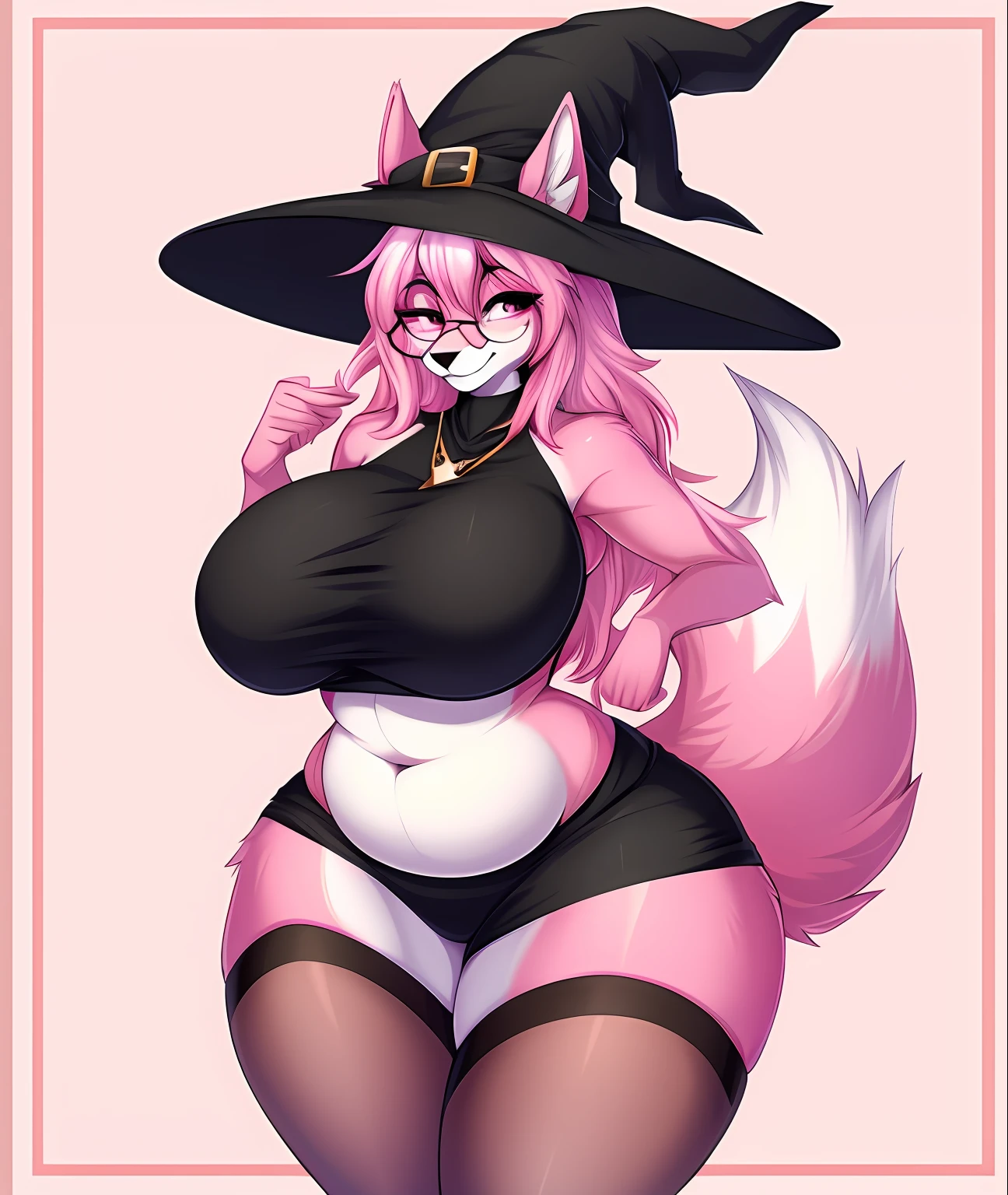 ((masterpiece, best quality)), (Anthro furry:1.3, anthro:1.3, hairy:1.2, fullbody, smile), by teranen, teranen, fox, anthro, female, ((solo)), happy face, breathless, chubby, ass, curvy thighs, huge thighs, ((pink body)), big boobs, white bangs, pink hair, round glasses, witch, witch hat, (((sfw)))