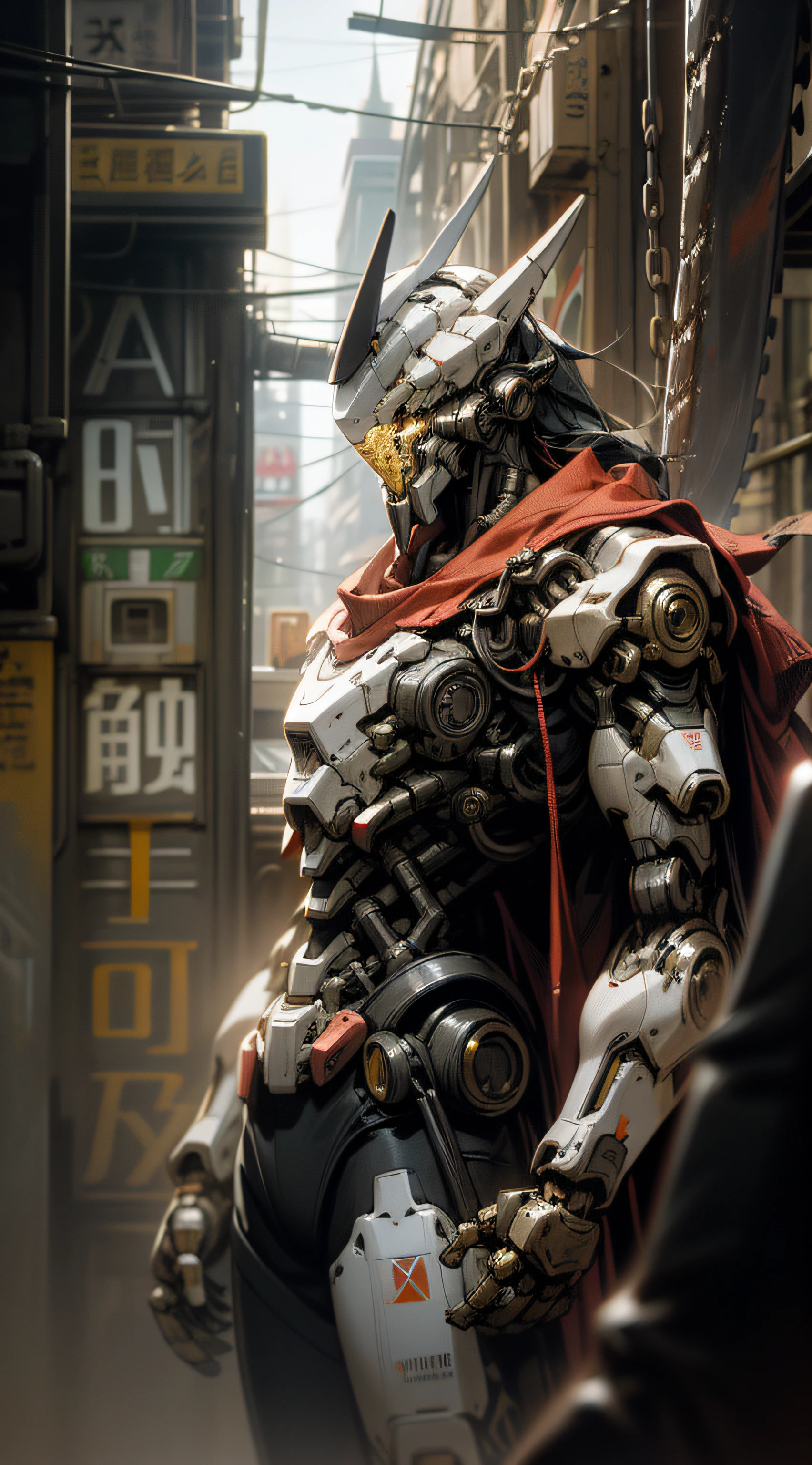 blockbuster，tmasterpiece，super detailing，Dark_Fantasy,Cyberpunk,(chain saw,chain saw man,Red:1.1),1man,Mechanical marvel,Robotic presence,Cybernetic guardian,wearing a worn-out mech suit，iintricate，（Steel metal[rusted]），ellegance，Clear focus，Photo by Greg Rutkowski，gentlesoftlighting，vivd colour，tmasterpiece，（（the street）），cow boy shot，dynamicposes，8K，Wallpapers，超高分辨率