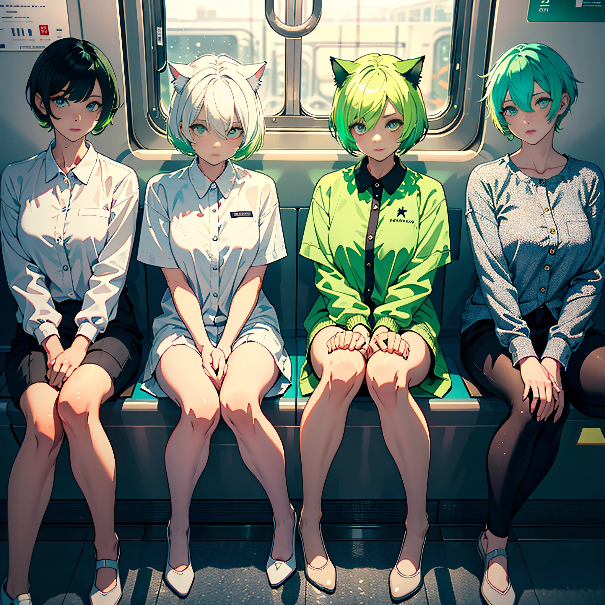 Masterpiece, Best quality, Ultra-detailed, illustration, Beautiful detailed eyes, Cute cat girl,Short hair, ((White hair)), (Green hair), (Gradient hair :1.5), (Big hair :1.4) , Cyan eyes, ((sitting in the train seat)),Floating white silk, Stars in Eyes,Perfect hands,nice hand,Perfect legs,Perfect body, ((full body)),