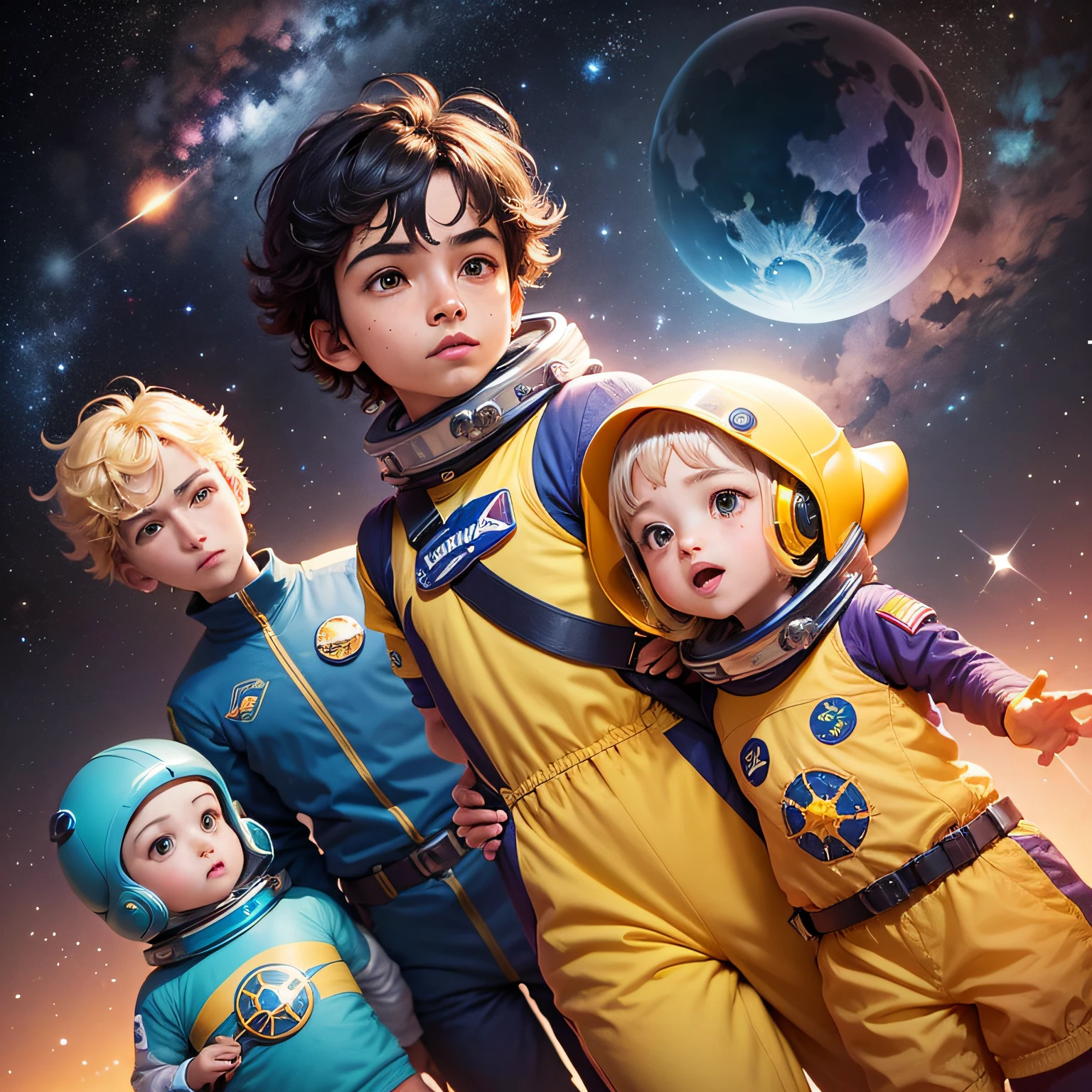 Na carta, Pedro descobriu que faria parte de uma equipe de astronautas mirins, todos como ele, full of desire to explore space. Junto, eles formariam a "Turma das Estrelas" e embarcariam em uma nave espacial supermoderna.Cores e estilo: Utilize uma paleta de cores vibrantes, com tons de azul, roxo, verde, rosa, orange and yellow to portray the magic of space. The style should be cheerful and playful, with detailed illustrations that capture the imagination of children and invite them to embark on the adventure together with Pedro and the Gang of Stars.