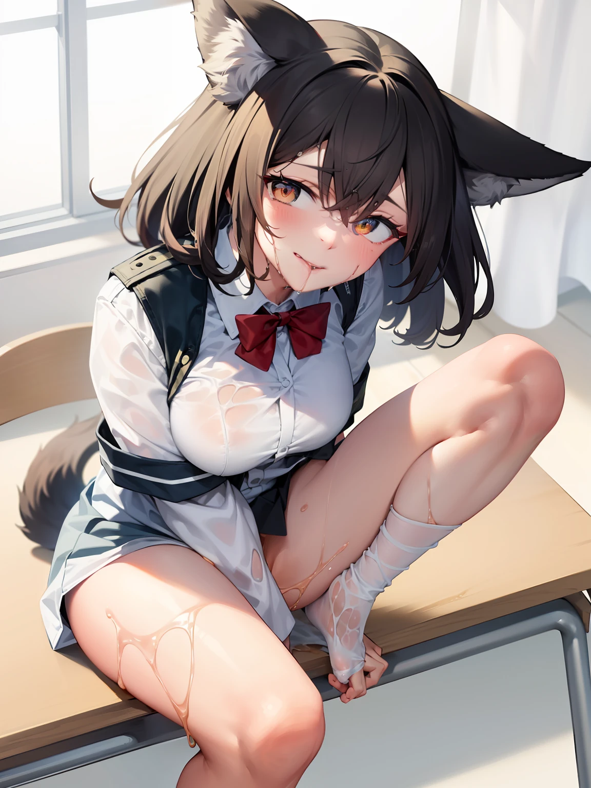 ((8K,RAW photos,top Quority,tmasterpiece)in the breast,(Bare upper chest:2), inside in room, No bra , heavy breath, sexual expression invite,face ,((The blush is violent:1.8),(Milk knocked over:2),leges,(((spread their legs,Sit down with your knees bent,Expose inner thighs,Expose deep thighs)))),Orange pupils,beak,(with her mouth open:1.5),Tongue stock,Stick out your tongue ,Wet body,HD RAW color photo professional close-up Photograph,(realisticlying,realisticlying:1.37),(HighestQuali),(Best shadow),(Most Best Illustration),),((Pornography,Raised sexy,超高分辨率,High-definition CG unity 8K wallpapers,physically-based renderingt,cinmatic lighting),(aegyo sal:1)(grey blazer,Ribbons,sockes,High School Uniforms:1.2),high school classroom, beatiful detailed eyes,Light on the face,((full body shot shot:1.2)),Particularly bright light,(Upper Eye,grinning smile:1.2),shiny skins,((The white wet body is the best:2),(Milk spillage:2,))(thick thight),ulzang-6500-v1.1:0.2,is shy,(flash lights:1.2),NSFW,(puffynipple),((tempting pose:1.2,big breasts enchanting:1.2)),(Idle),Sit at a desk in the classroom,((Good anatomy:1.2)),((Bright and refreshing classroom,The background is blurred out: 1.2)),s the perfect face,cute face,(high-angle shot:2)full bodyesbian((Wet body),(Sprinkle with plenty of milk,)),Attractive female body,big breasts beautiful,The most famous in the world,a constriction of the waist,beautifullegs,Detailed eyes,Brunette wolf girl,Wolf ears,Wolf tail,Short hair,Sexual suggestiveness,Lace panties,((Exposed panties: 2)),Overlooking,looking at viewert,