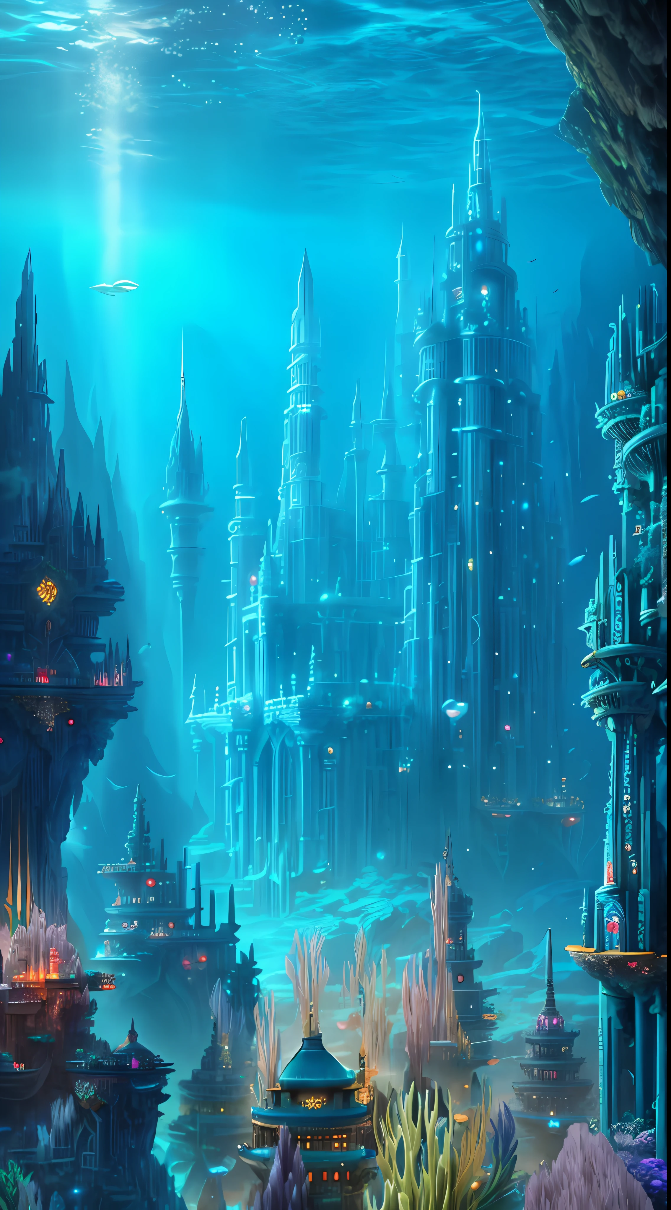 (futuristic underwater metropolis+lost city of atlantis+underwater temple+the reef+an underwater city)，matte painting，(Fantasy style)Undersea castle or(Atlantis)Undersea temple，(Dreamy)Ocean view，(under the water)The scenery is romantic，(Full of magic)atlantis background，(Colorful)underwater landscape。